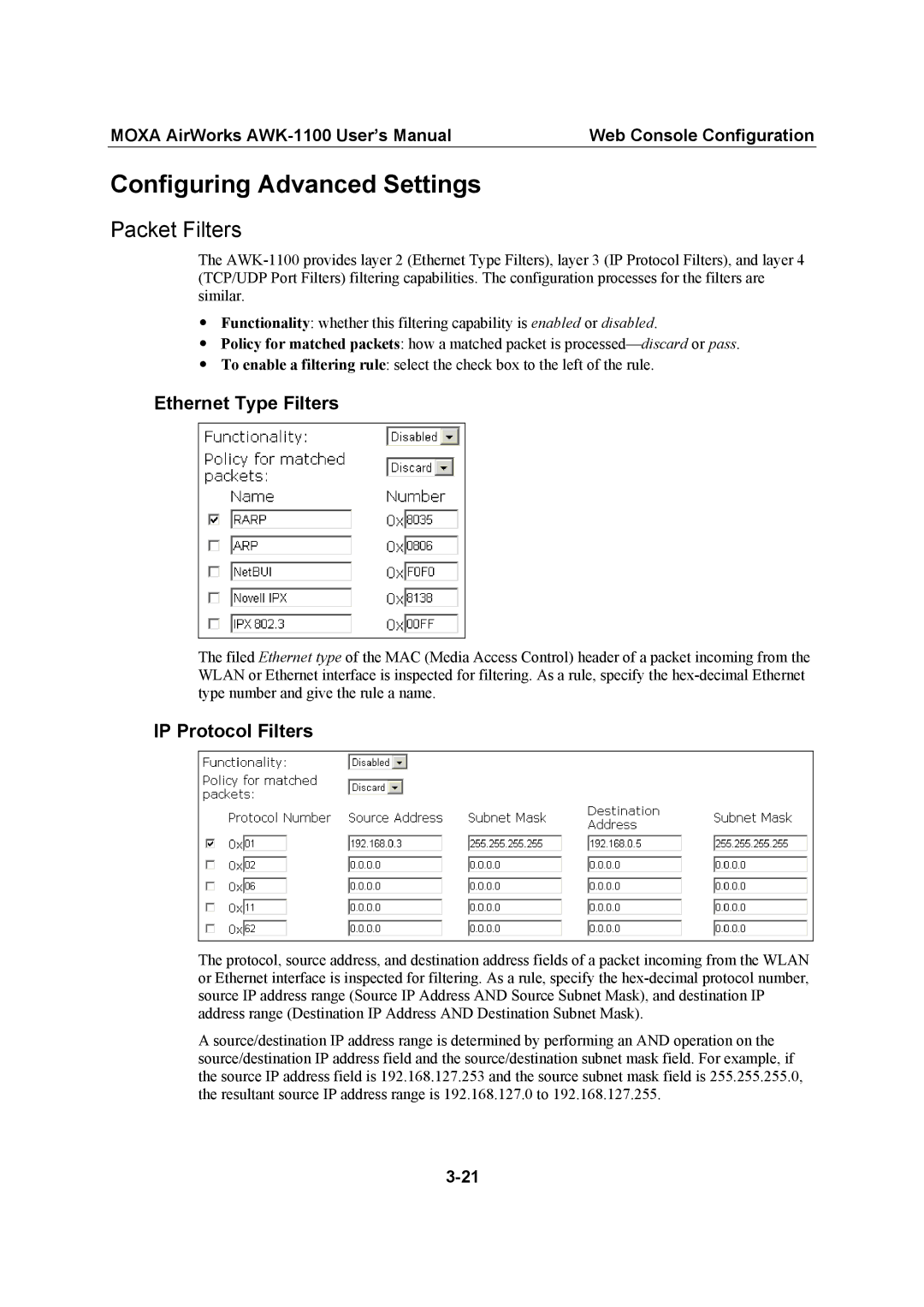 Moxa Technologies AWK-1100 Configuring Advanced Settings, Packet Filters, Ethernet Type Filters, IP Protocol Filters 