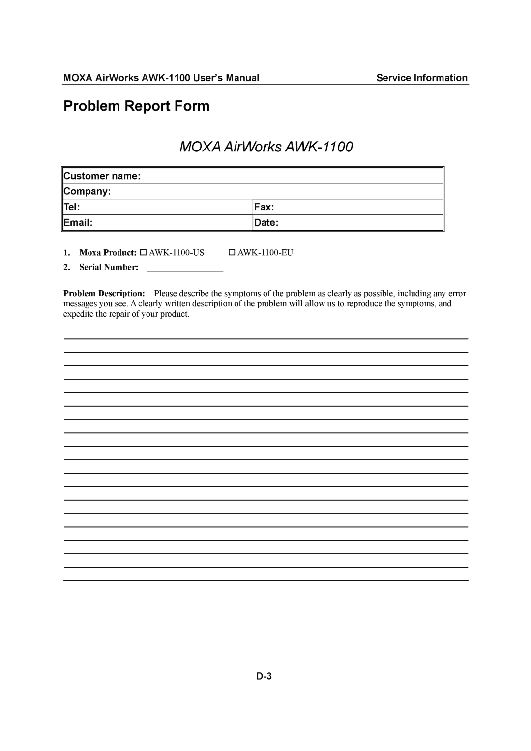 Moxa Technologies MOXA AirWorks user manual Problem Report Form, Moxa Product † AWK-1100-US † AWK-1100-EU Serial Number 