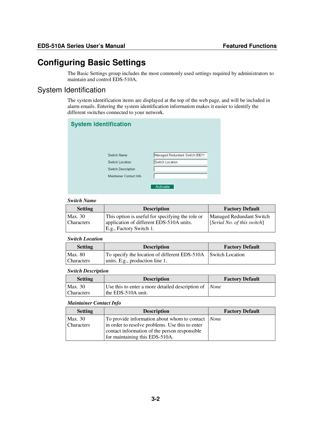 Moxa Technologies EDS-510A, Moxa EtherDevice Switch user manual Configuring Basic Settings, System Identification 