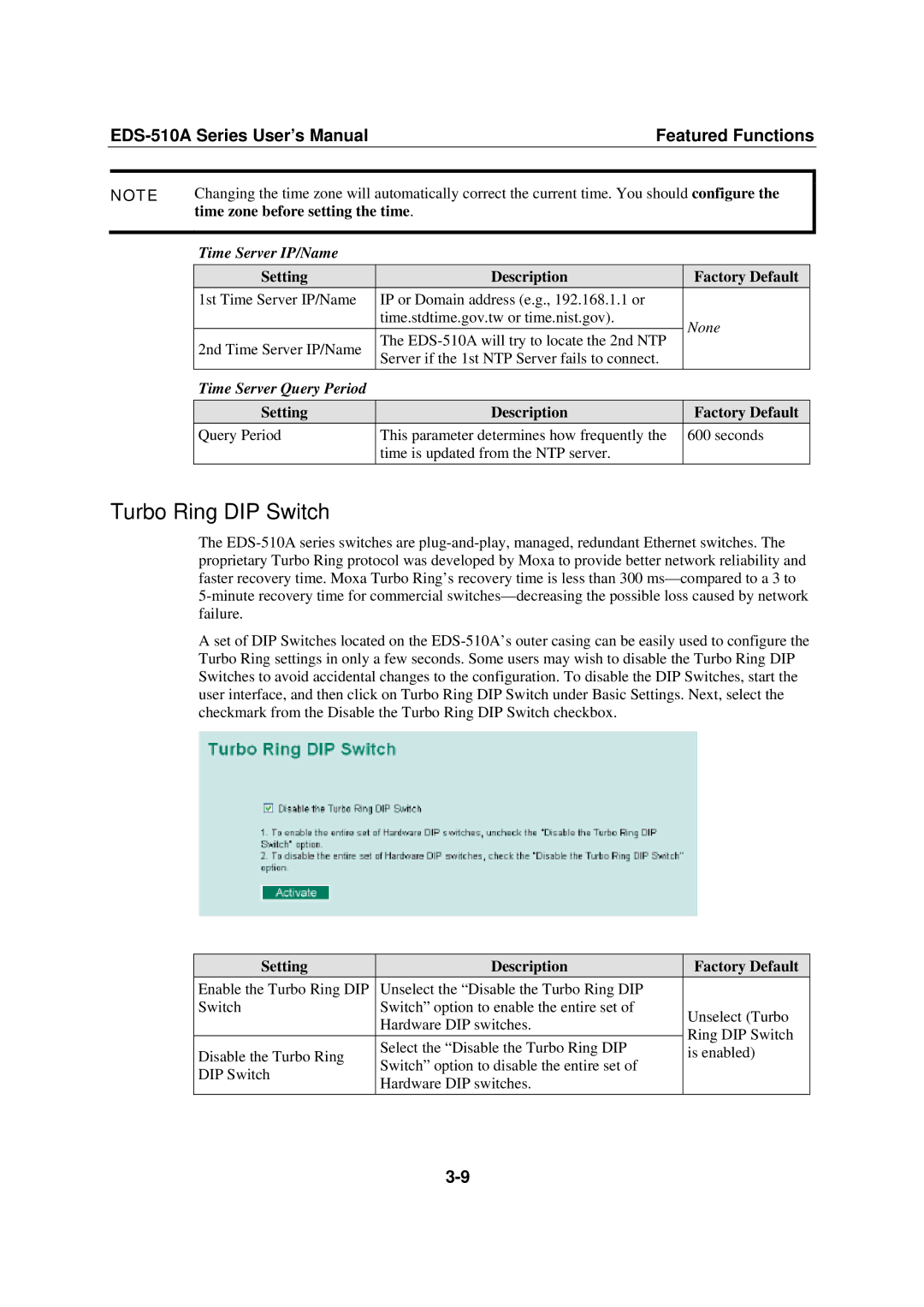 Moxa Technologies Moxa EtherDevice Switch Turbo Ring DIP Switch, Time zone before setting the time, Time Server IP/Name 