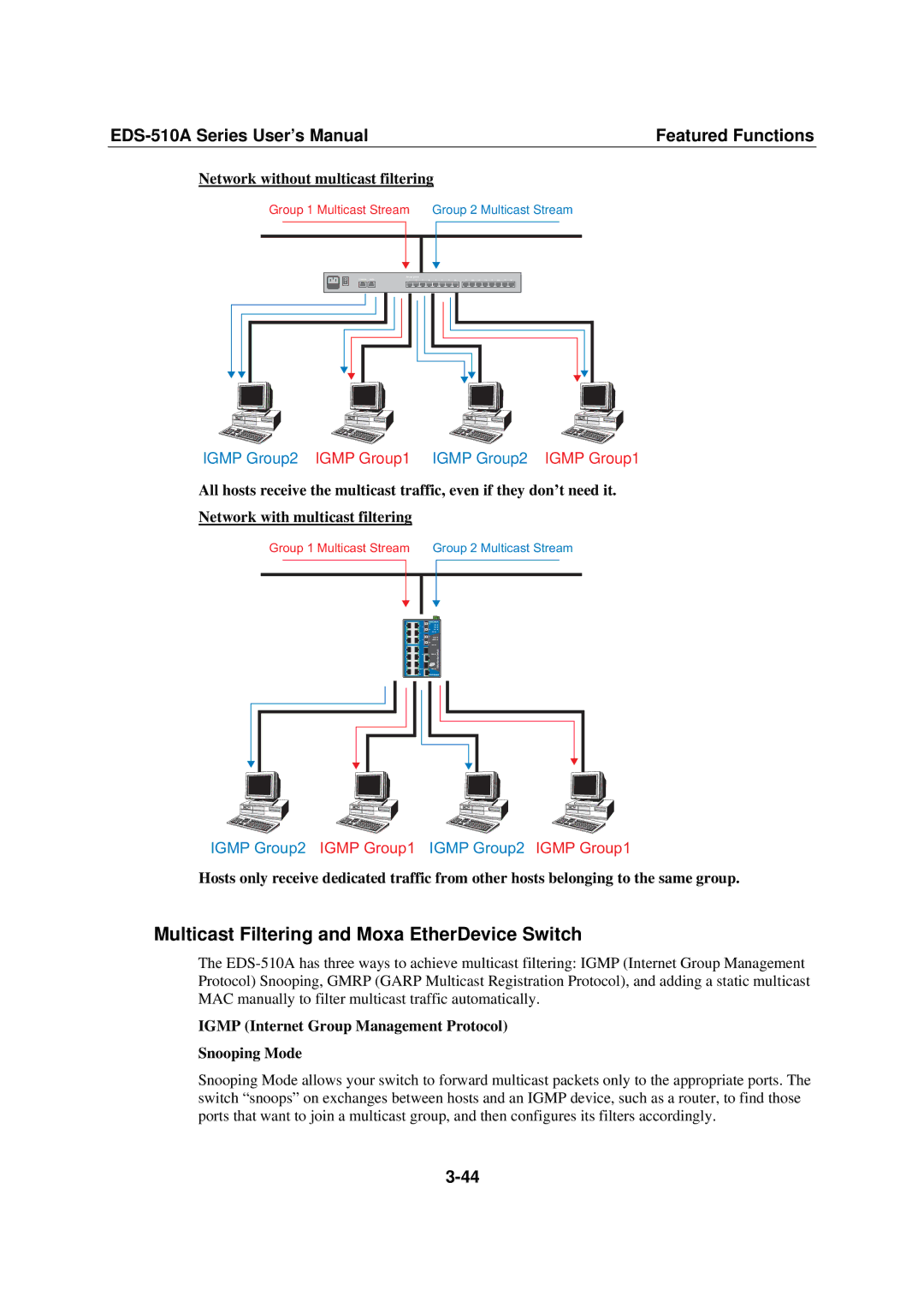 Moxa Technologies EDS-510A user manual Multicast Filtering and Moxa EtherDevice Switch, Network without multicast filtering 