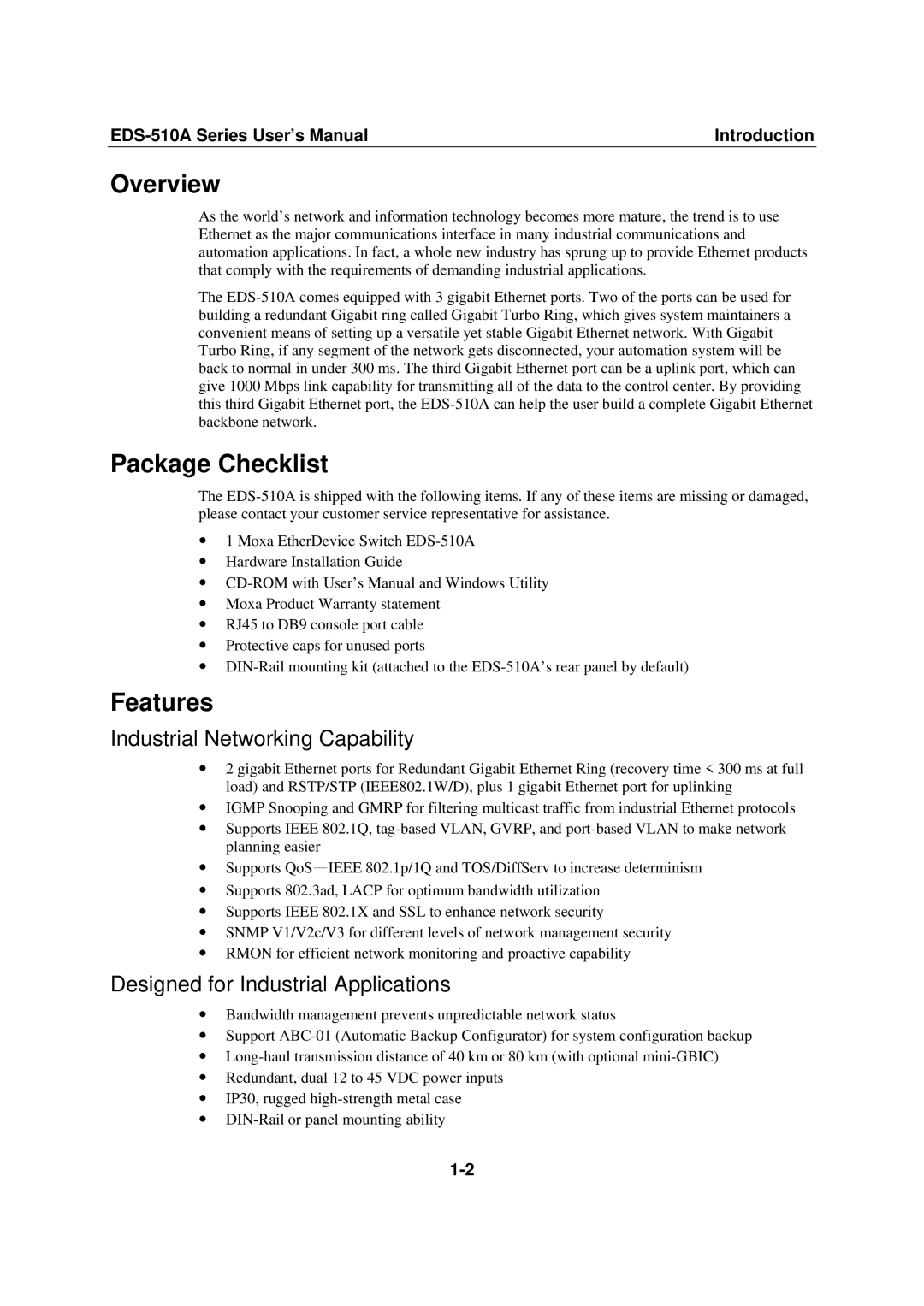 Moxa Technologies Moxa EtherDevice Switch Overview, Package Checklist, Features, Industrial Networking Capability 