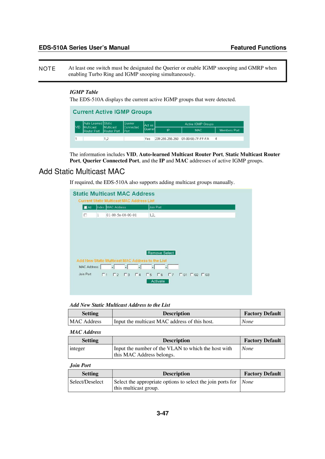 Moxa Technologies Moxa EtherDevice Switch, EDS-510A user manual Add Static Multicast MAC 