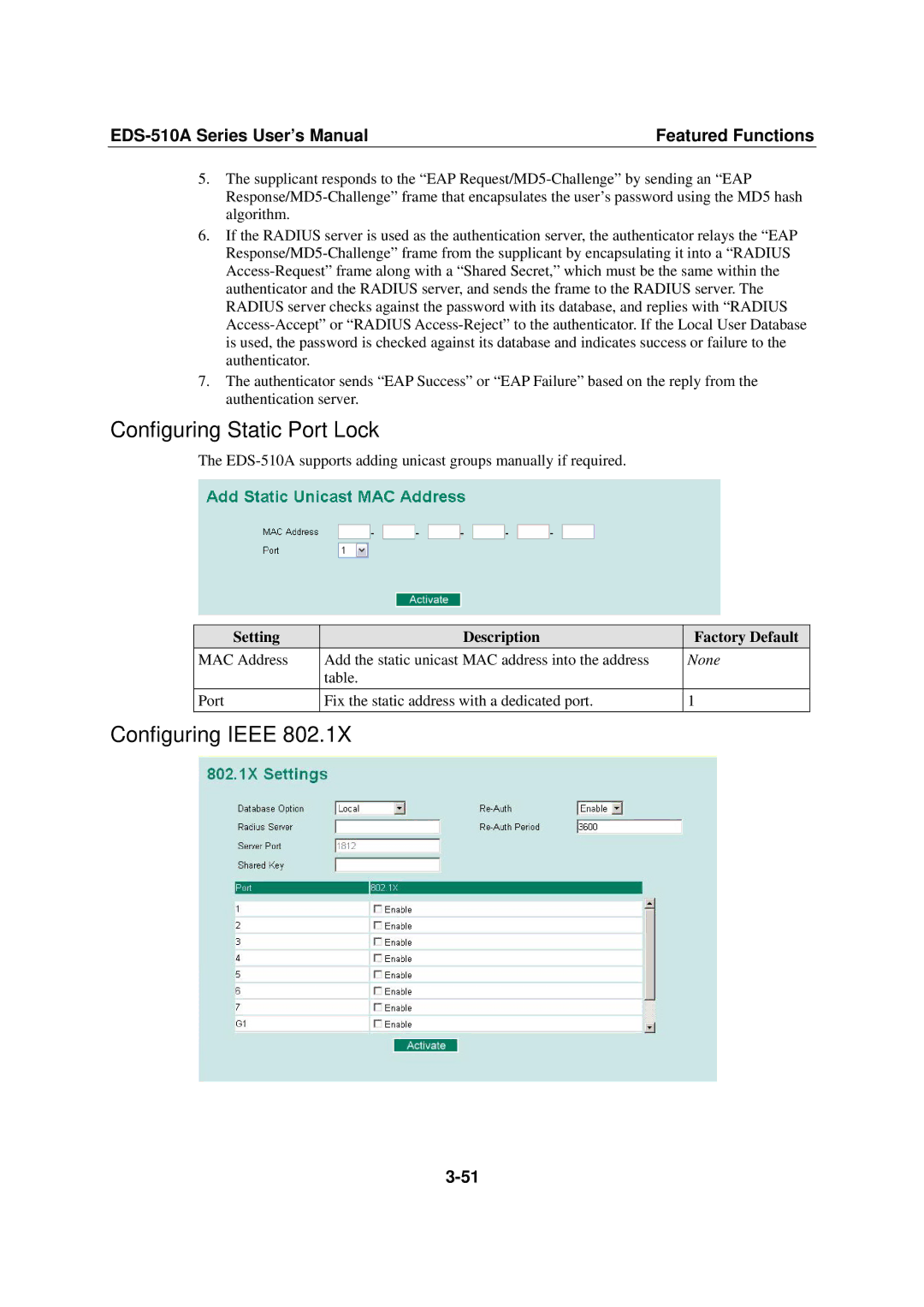 Moxa Technologies Moxa EtherDevice Switch, EDS-510A user manual Configuring Static Port Lock, Configuring Ieee 