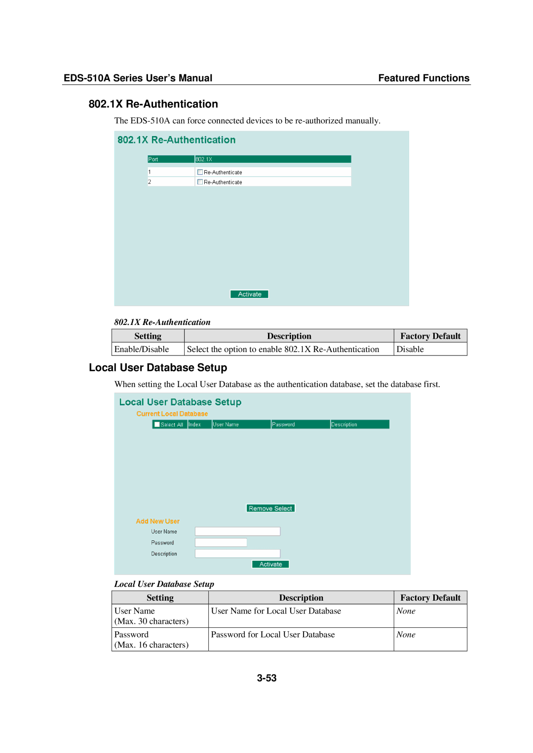 Moxa Technologies Moxa EtherDevice Switch, EDS-510A user manual 802.1X Re-Authentication, Local User Database Setup 