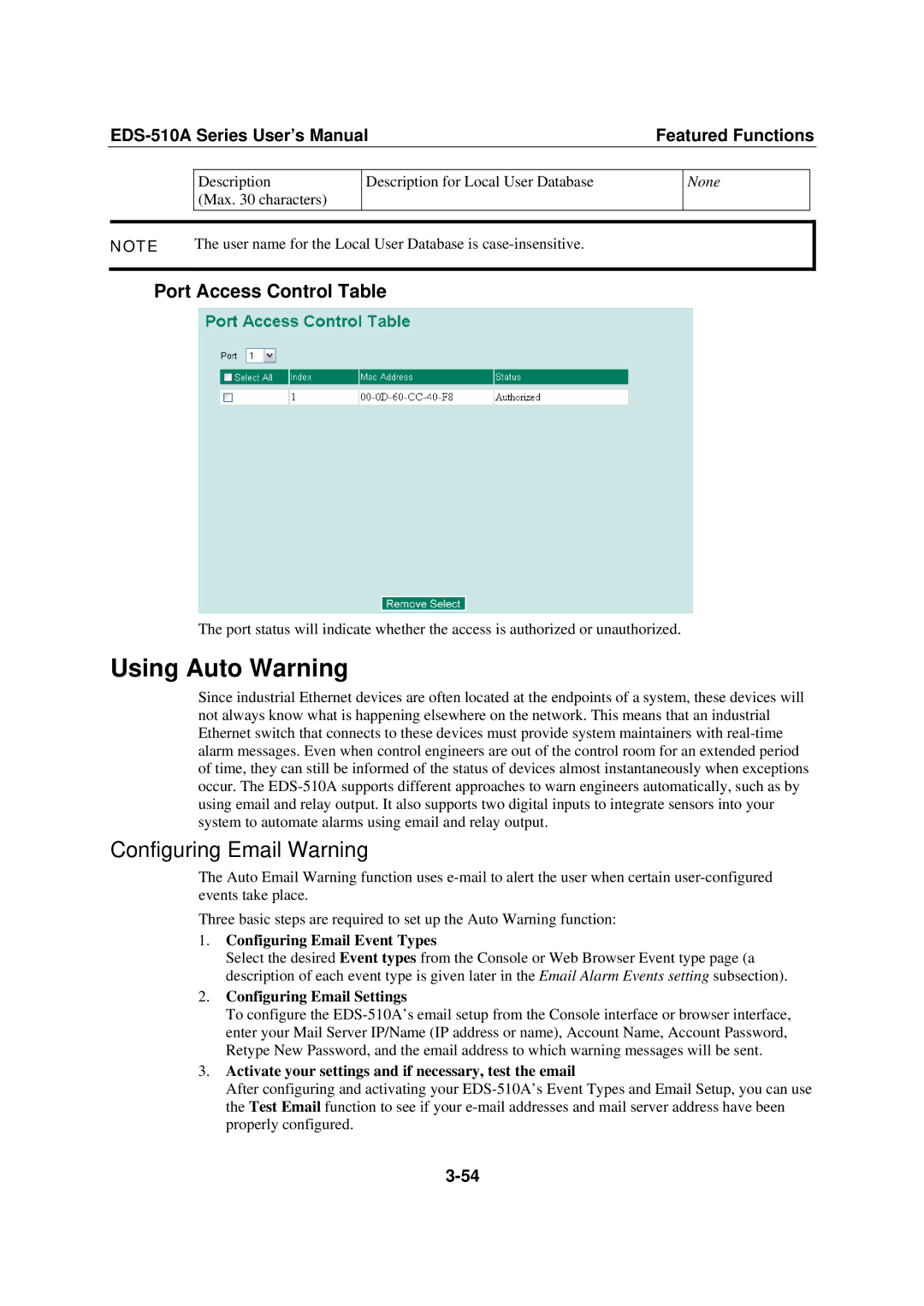 Moxa Technologies EDS-510A user manual Using Auto Warning, Configuring Email Warning, Port Access Control Table 