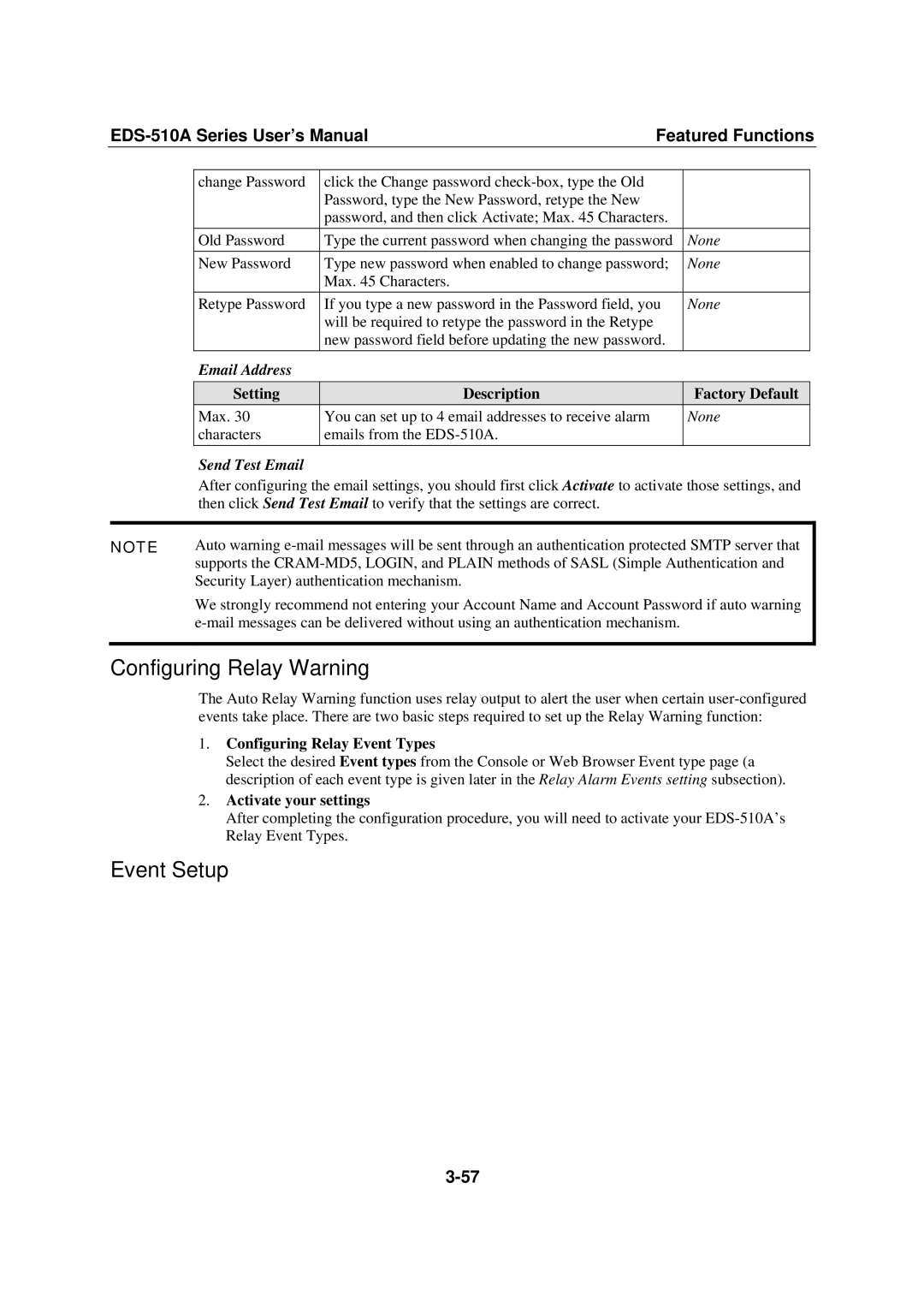 Moxa Technologies Moxa EtherDevice Switch, EDS-510A Configuring Relay Warning, Event Setup, Email Address, Send Test Email 