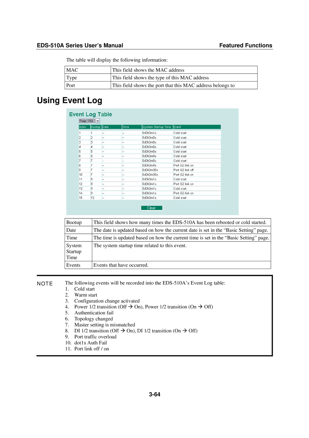 Moxa Technologies EDS-510A, Moxa EtherDevice Switch user manual Using Event Log, Mac 