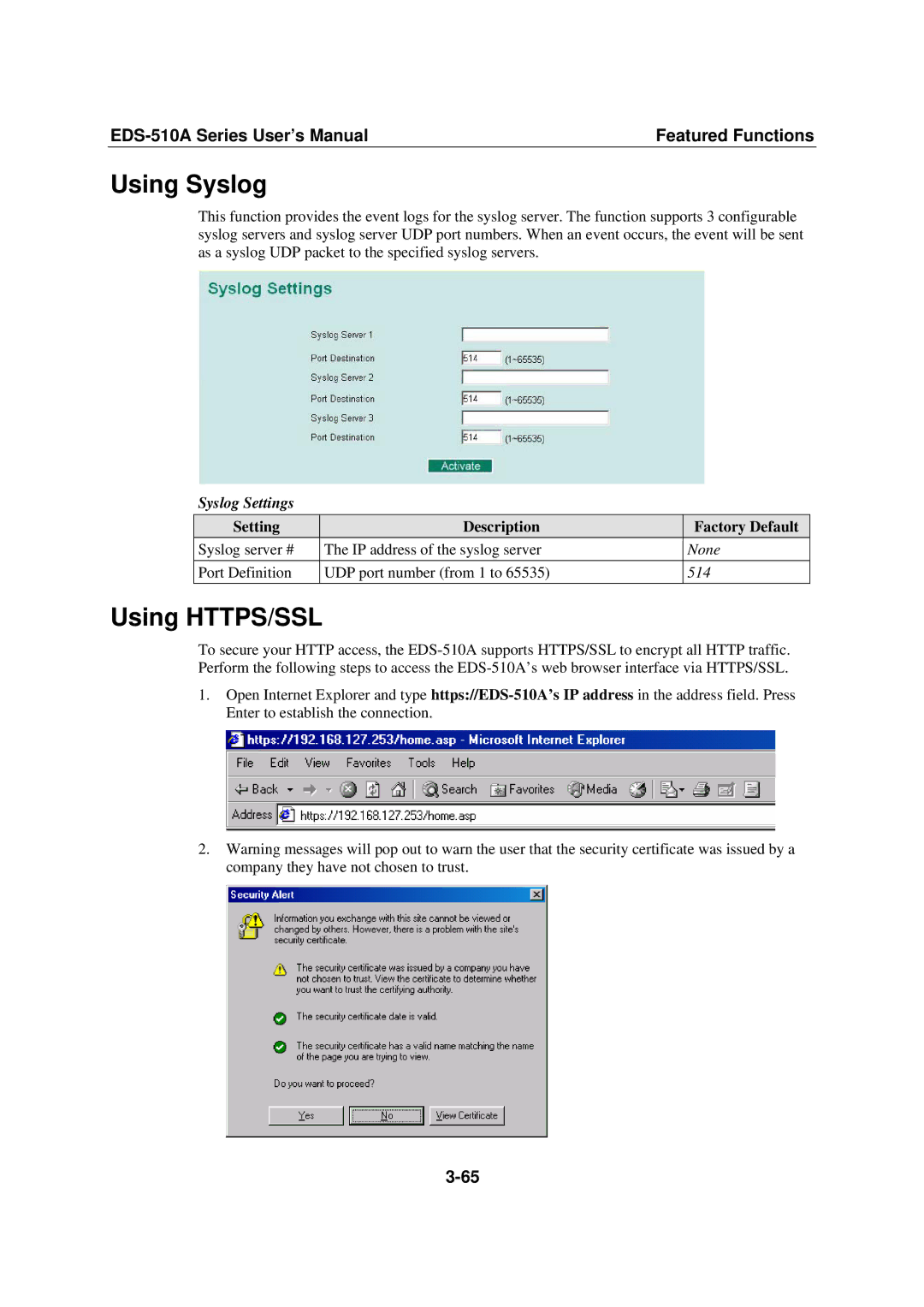 Moxa Technologies Moxa EtherDevice Switch, EDS-510A user manual Using Syslog, Using HTTPS/SSL, Syslog Settings 