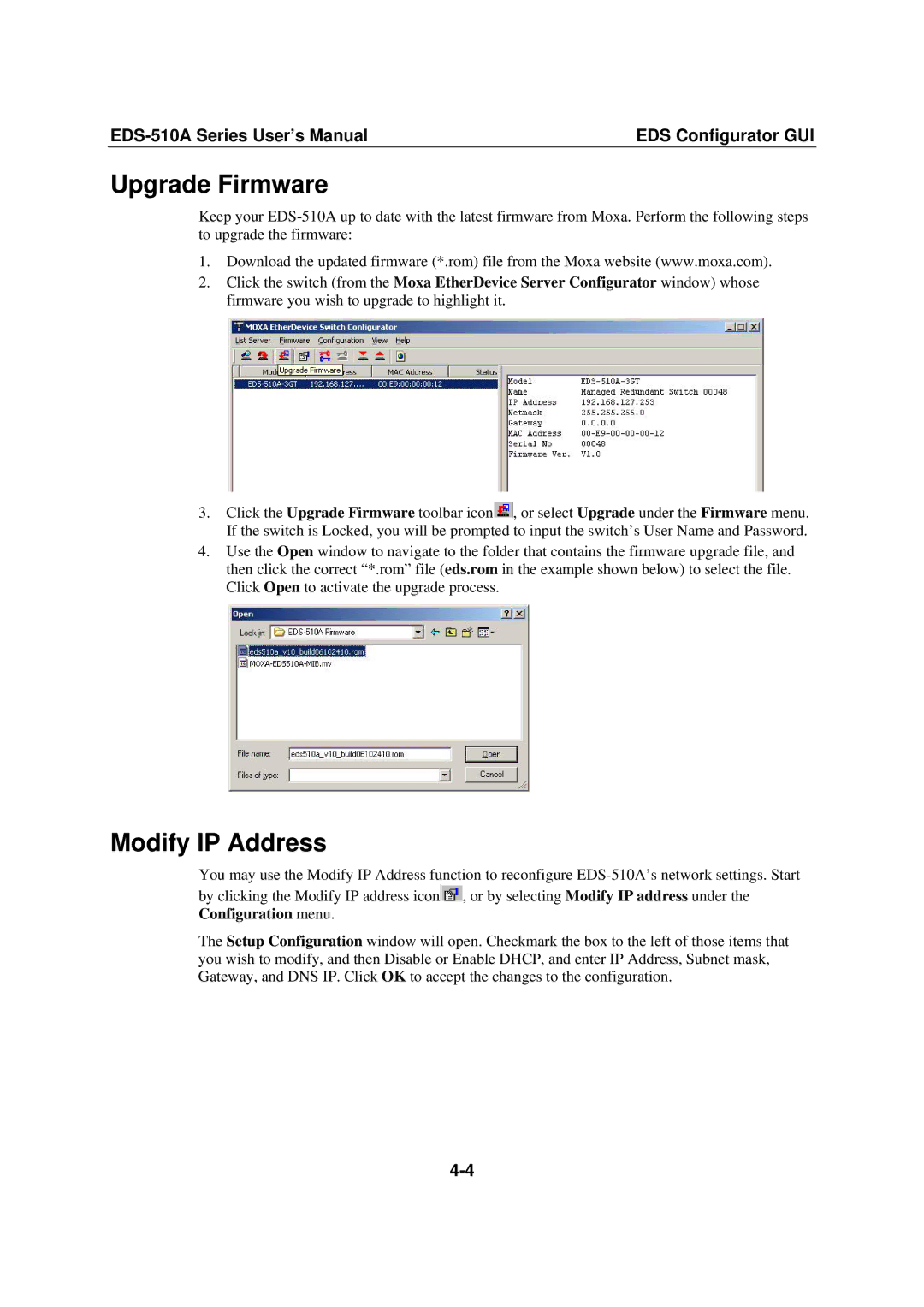 Moxa Technologies EDS-510A, Moxa EtherDevice Switch user manual Upgrade Firmware, Modify IP Address 