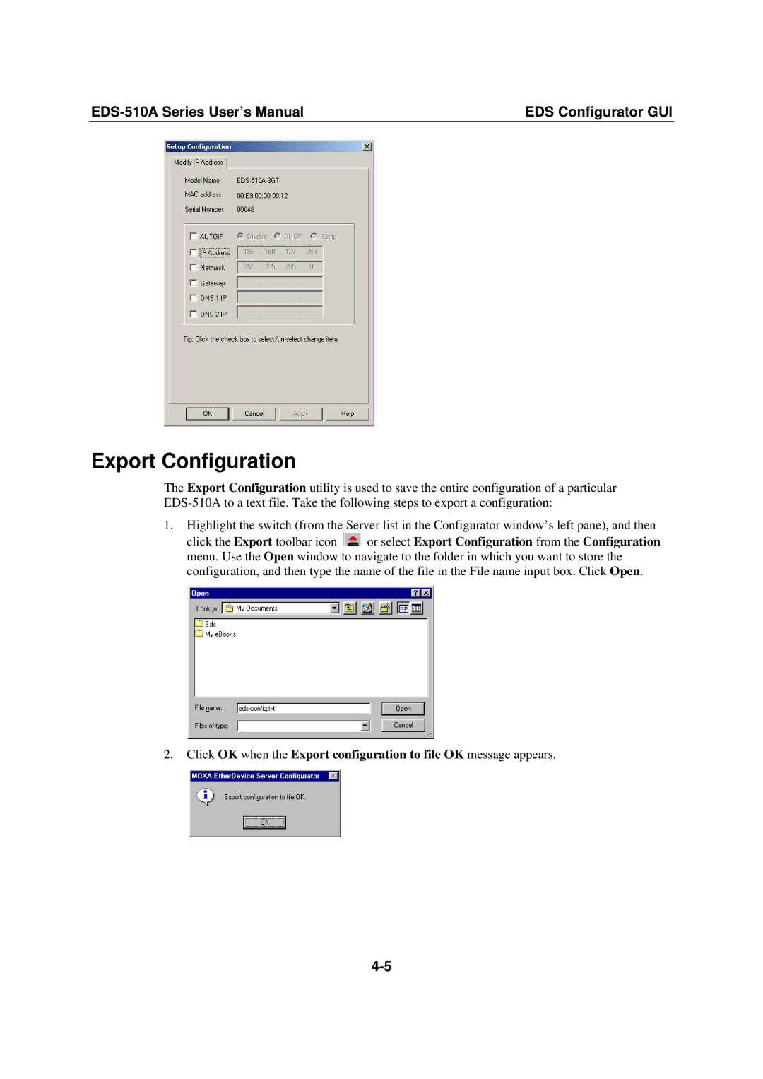 Moxa Technologies Moxa EtherDevice Switch, EDS-510A user manual Export Configuration 