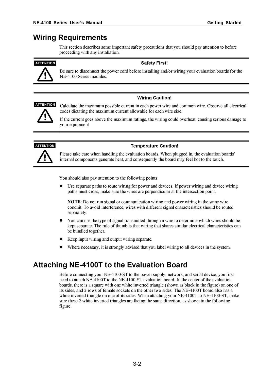 Moxa Technologies user manual Wiring Requirements, Attaching NE-4100T to the Evaluation Board 