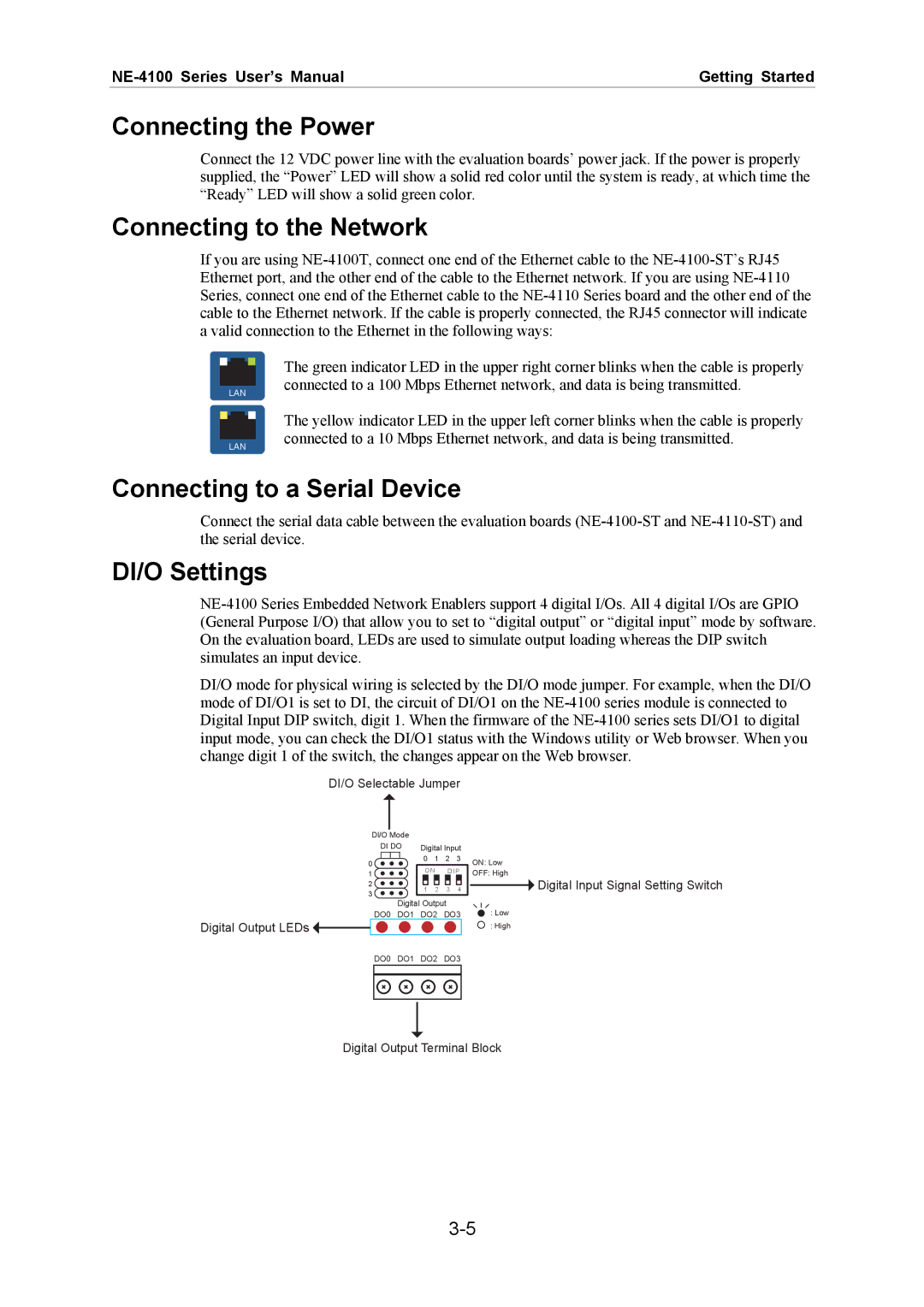 Moxa Technologies NE-4100 Connecting the Power, Connecting to the Network, Connecting to a Serial Device, DI/O Settings 