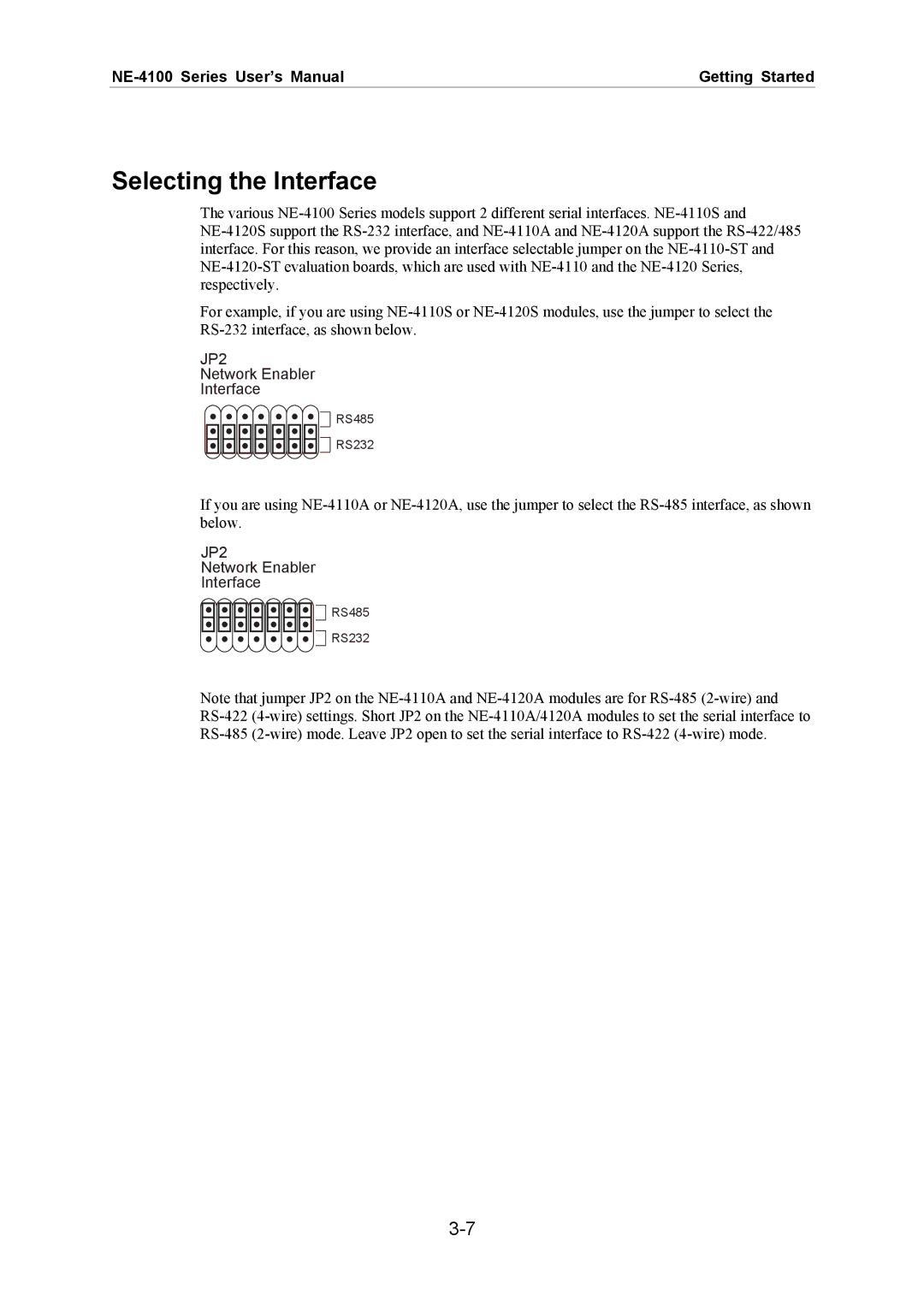 Moxa Technologies NE-4100 user manual Selecting the Interface, JP2 