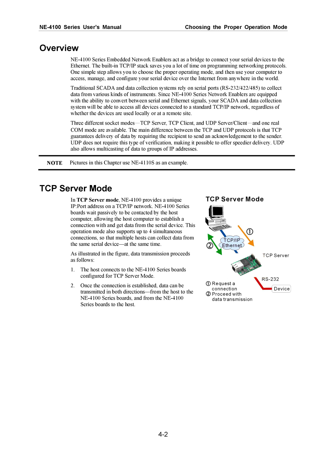 Moxa Technologies NE-4100 user manual Overview, TCP Server Mode 