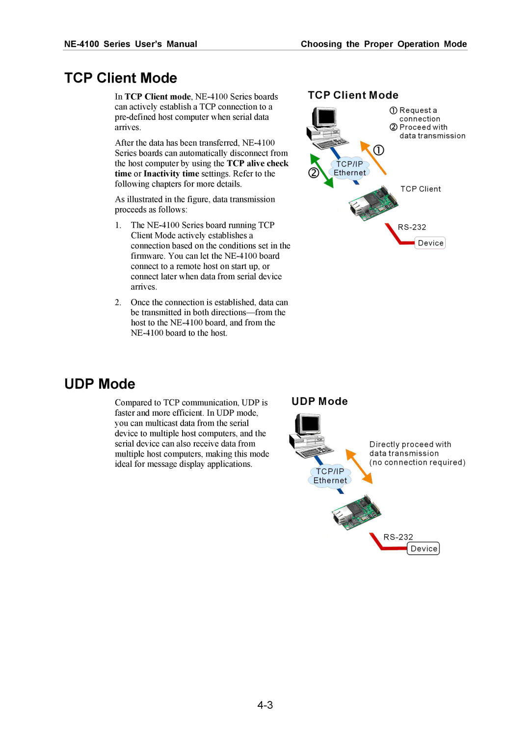 Moxa Technologies NE-4100 user manual TCP Client Mode, UDP Mode 