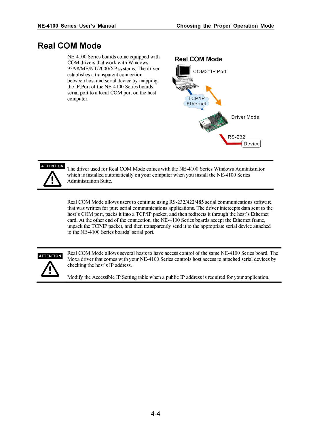 Moxa Technologies NE-4100 user manual Real COM Mode 