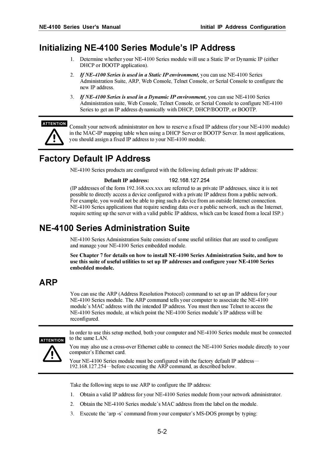 Moxa Technologies Initializing NE-4100 Series Module’s IP Address, Factory Default IP Address, Default IP address 