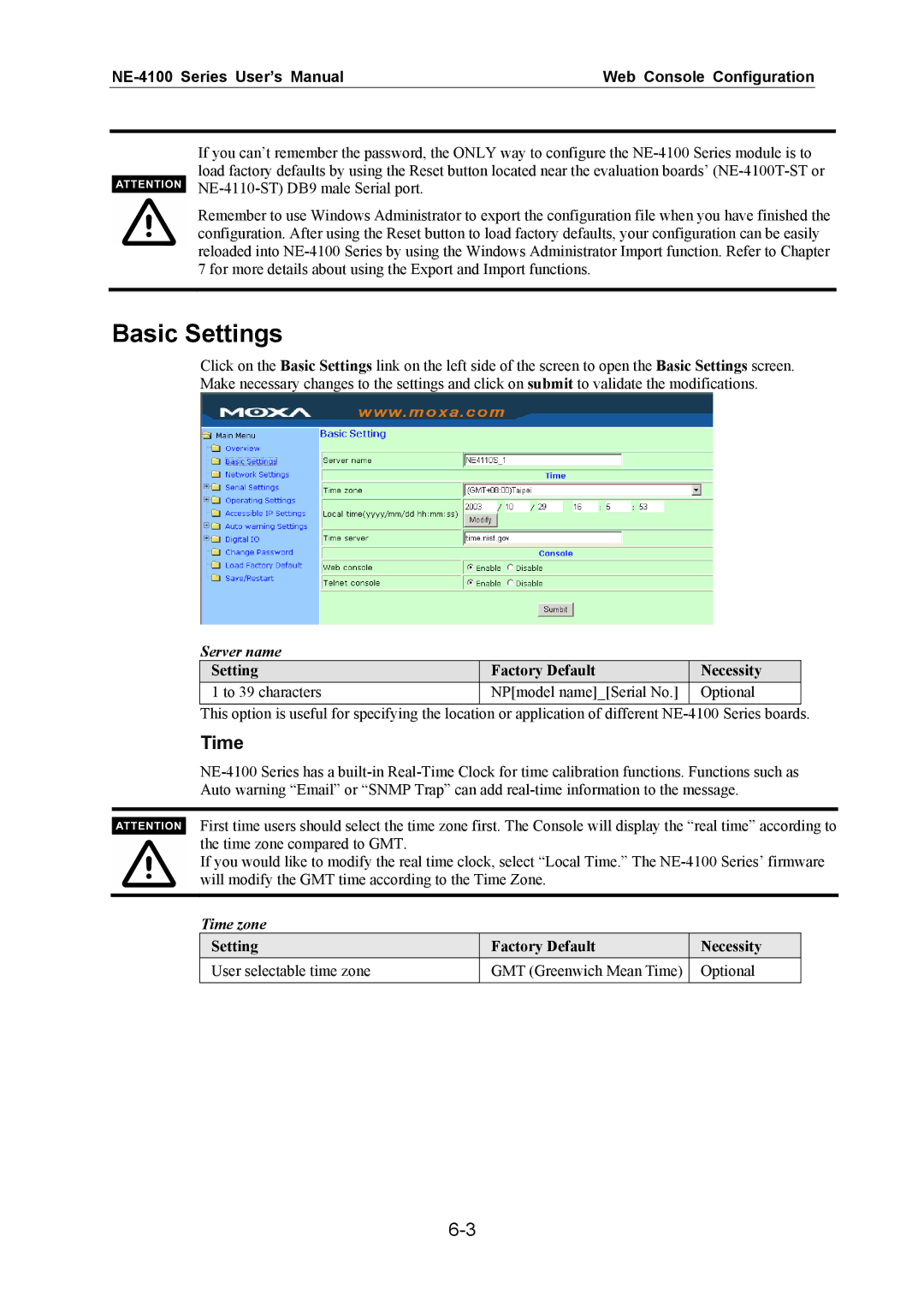 Moxa Technologies NE-4100 user manual Basic Settings, Server name, Time zone 