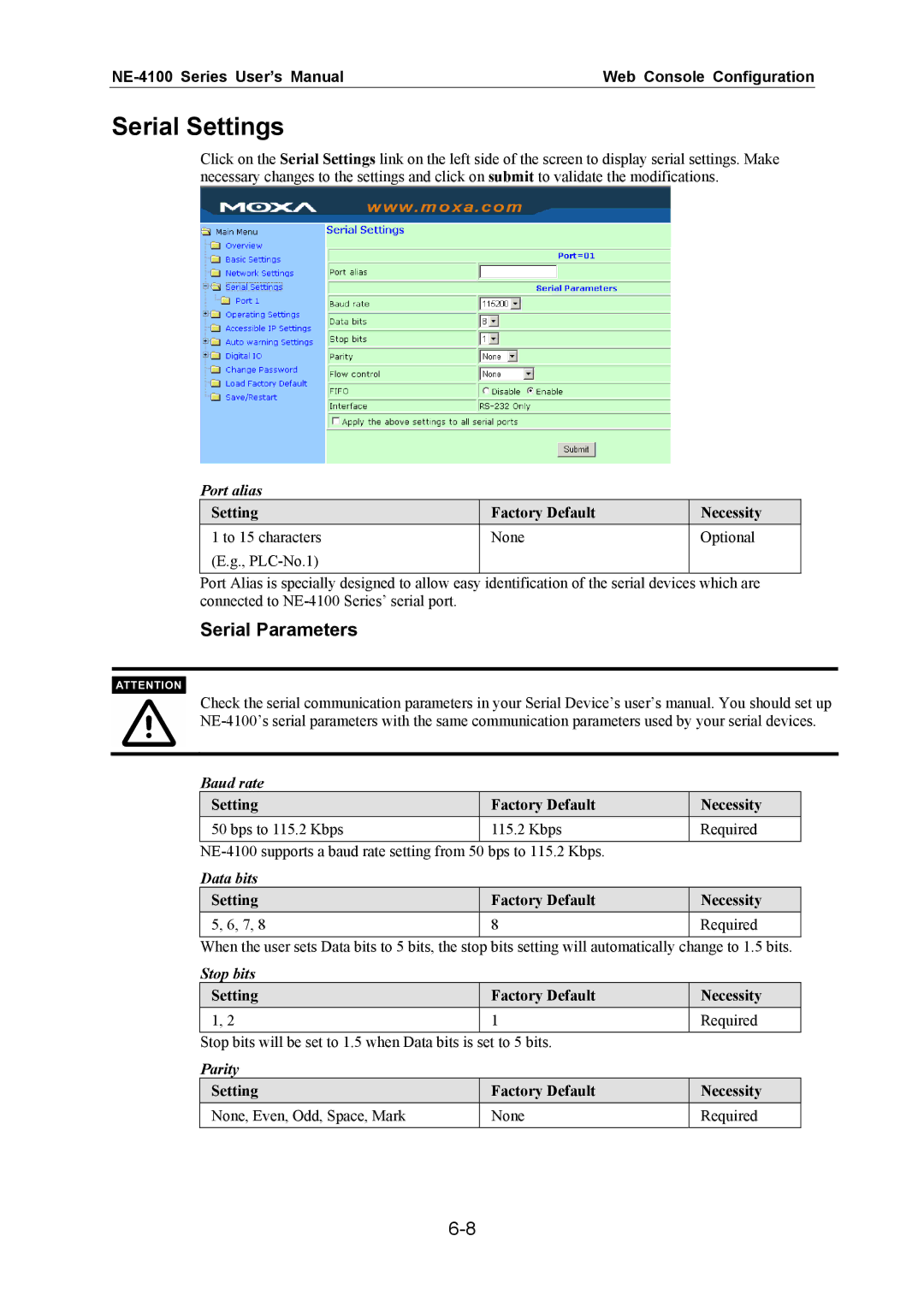 Moxa Technologies NE-4100 user manual Serial Settings 