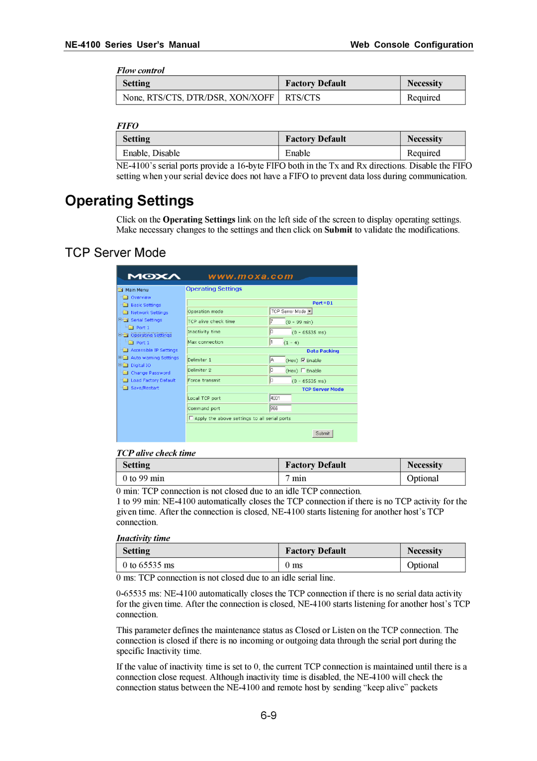 Moxa Technologies NE-4100 user manual Operating Settings, TCP Server Mode 