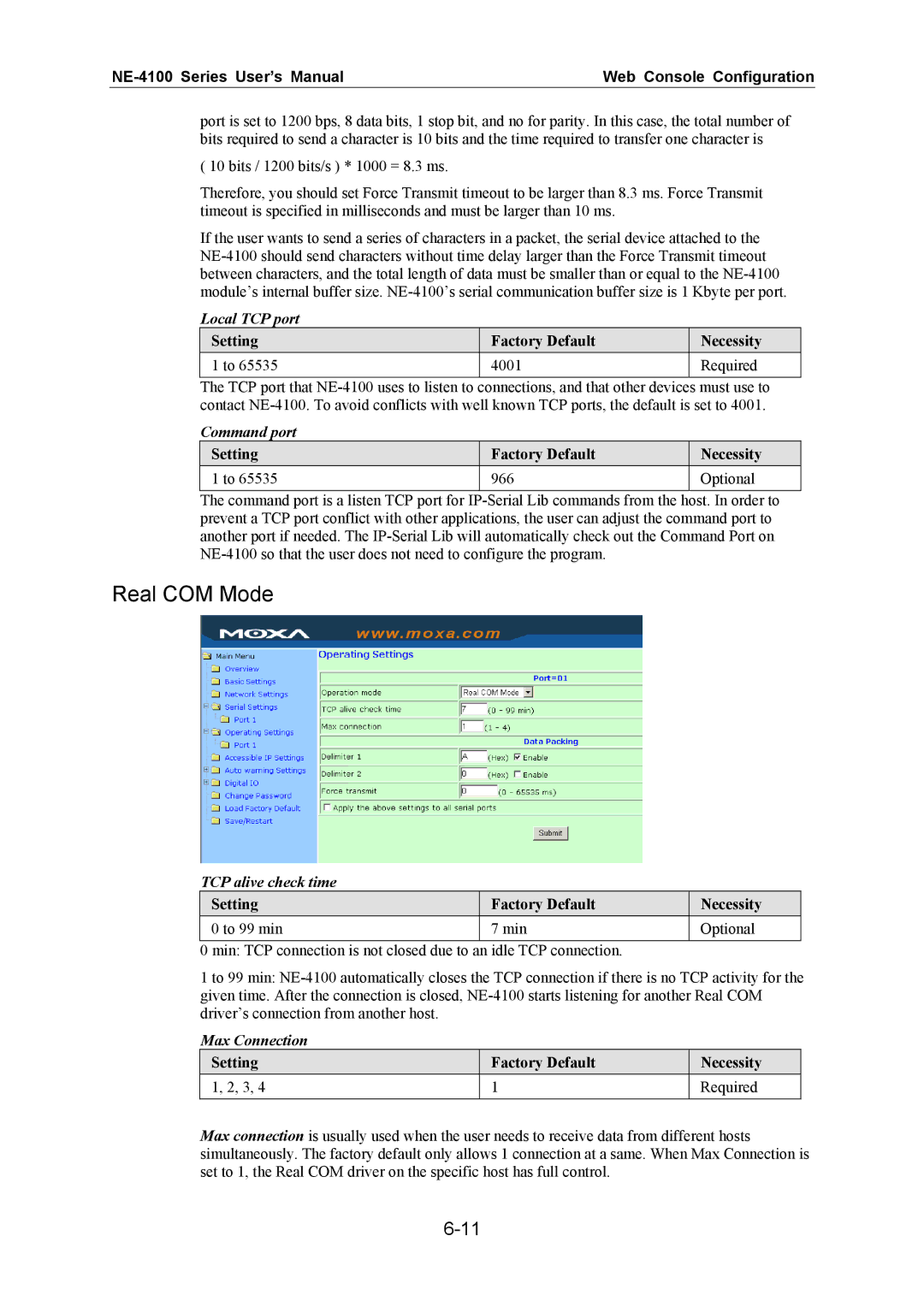 Moxa Technologies NE-4100 Real COM Mode, Local TCP port, Setting Factory Default Necessity 4001 Required, Command port 