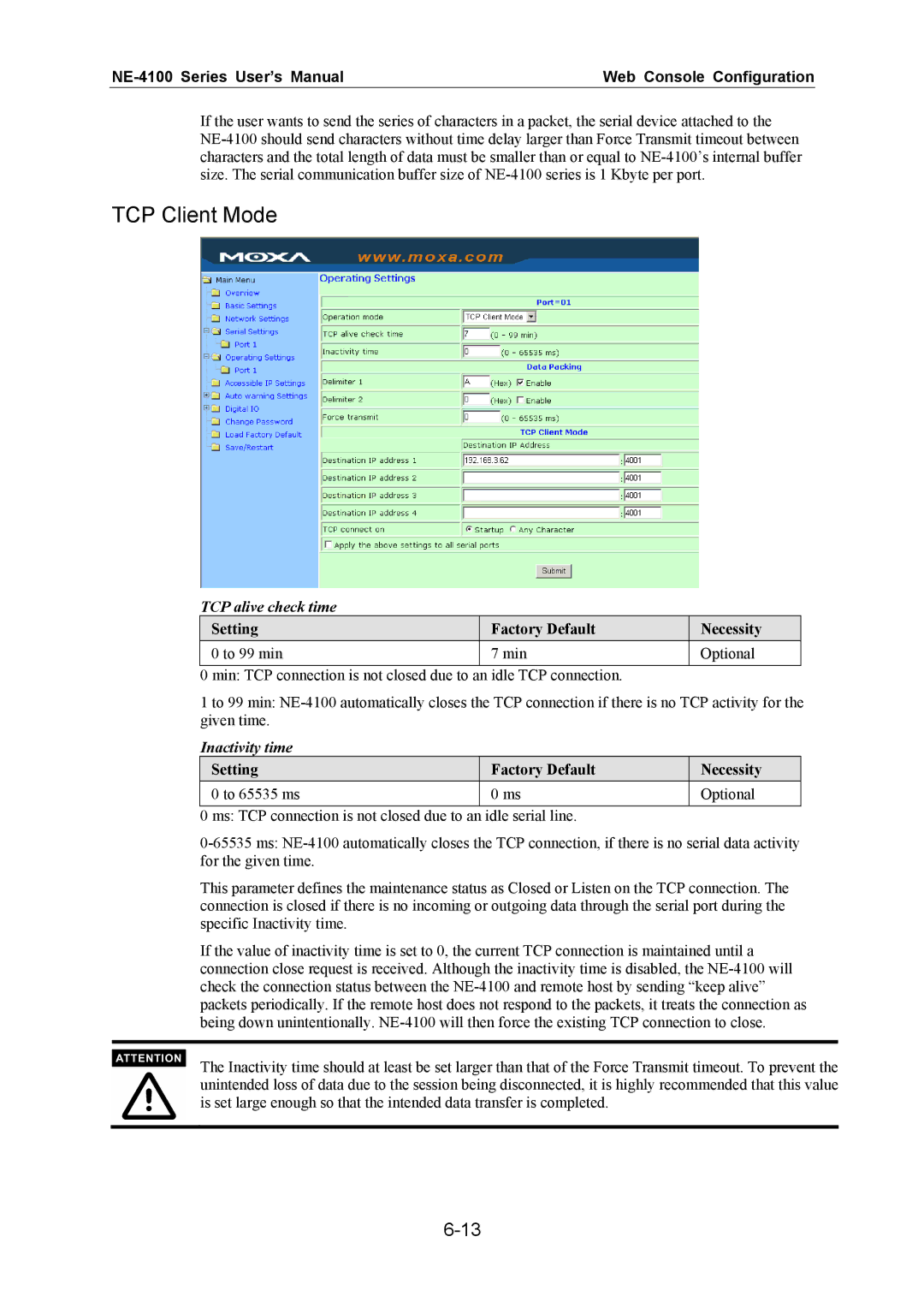 Moxa Technologies NE-4100 user manual TCP Client Mode, Inactivity time 