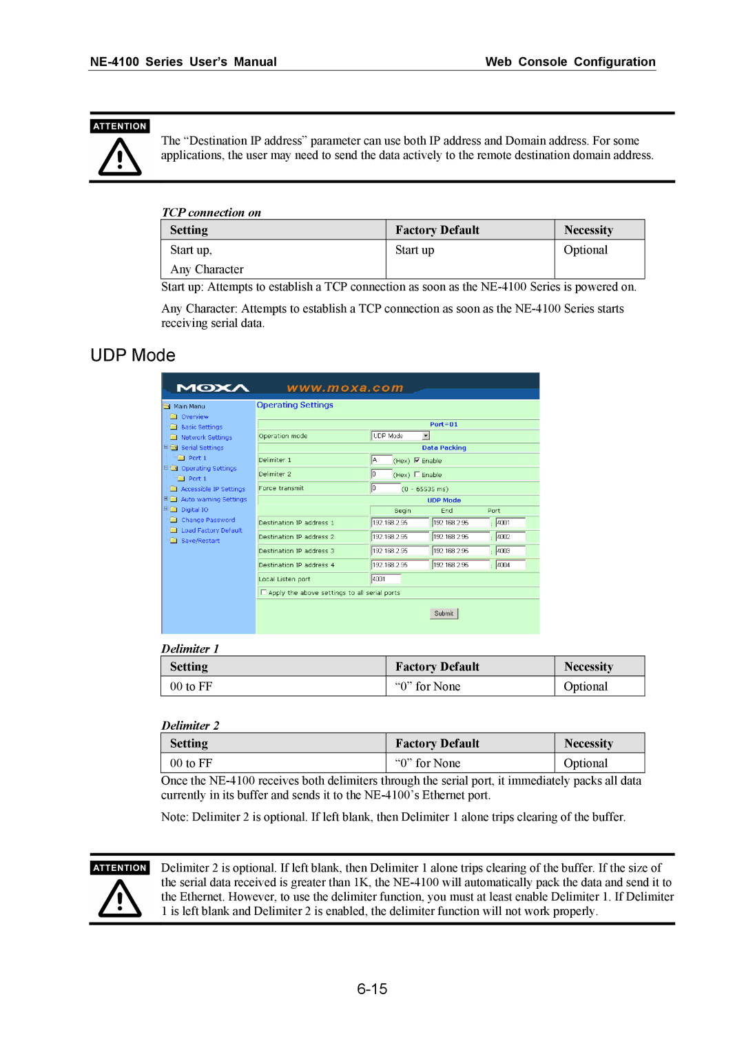 Moxa Technologies NE-4100 user manual UDP Mode, TCP connection on 