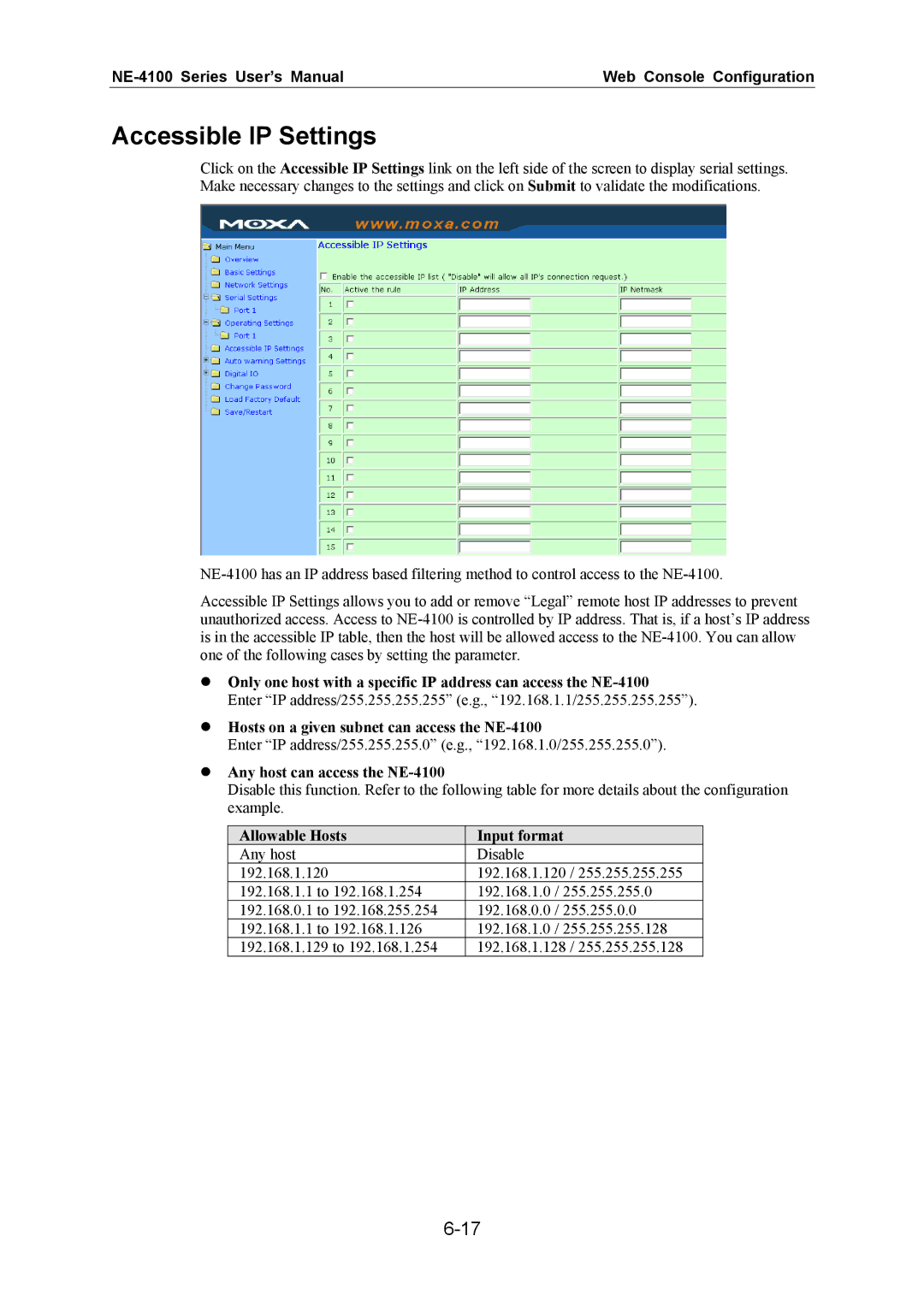 Moxa Technologies user manual Accessible IP Settings, # Hosts on a given subnet can access the NE-4100 