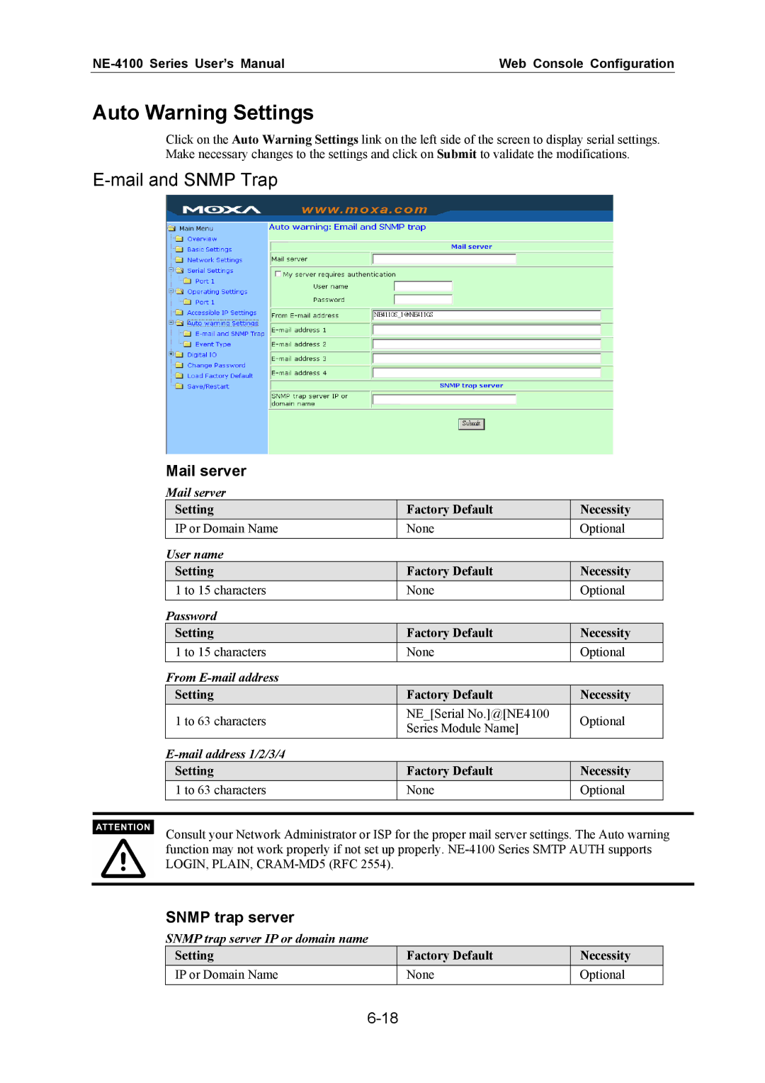 Moxa Technologies NE-4100 user manual Auto Warning Settings, Mail and Snmp Trap 