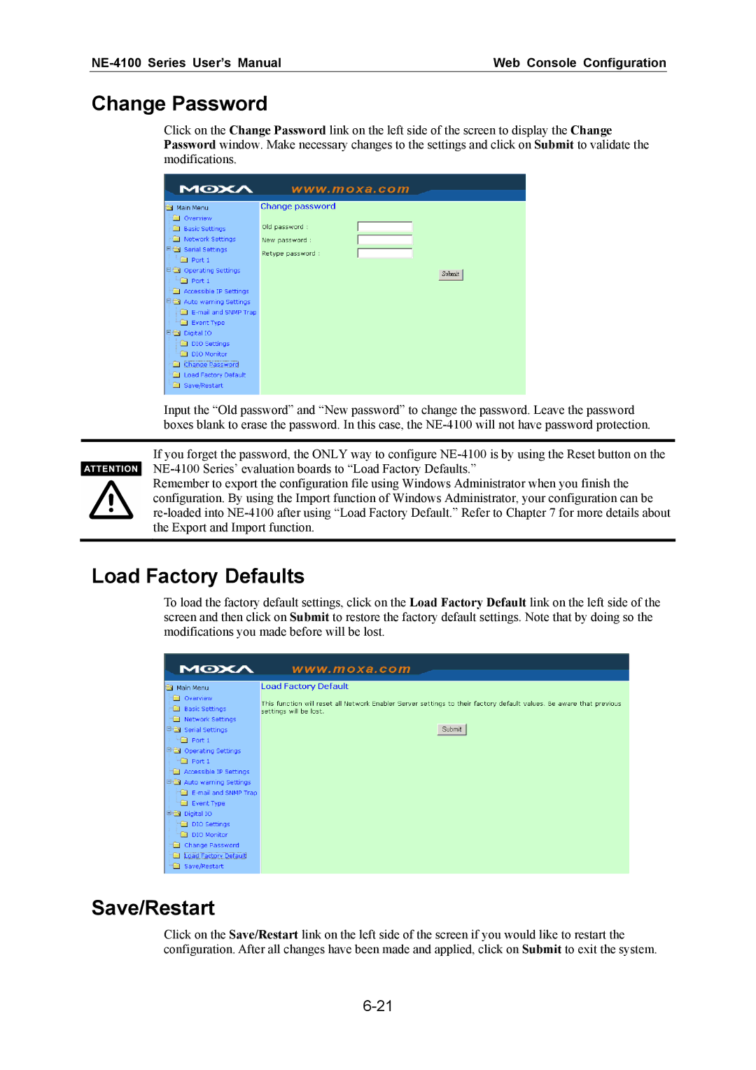 Moxa Technologies NE-4100 user manual Change Password, Load Factory Defaults, Save/Restart 