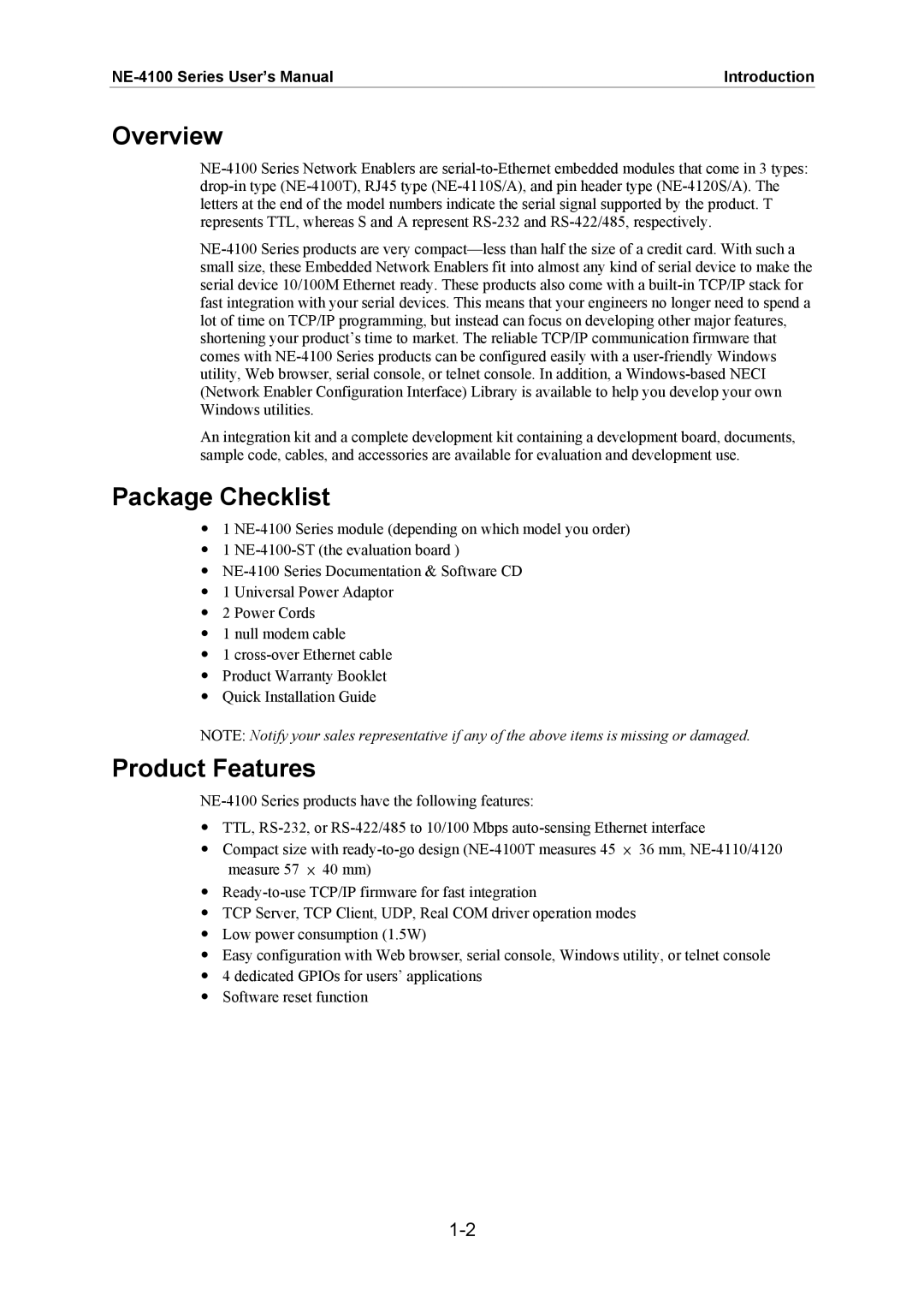 Moxa Technologies NE-4100 user manual Overview, Package Checklist, Product Features 