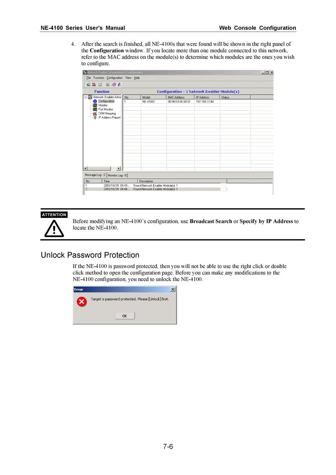 Moxa Technologies NE-4100 user manual Unlock Password Protection 