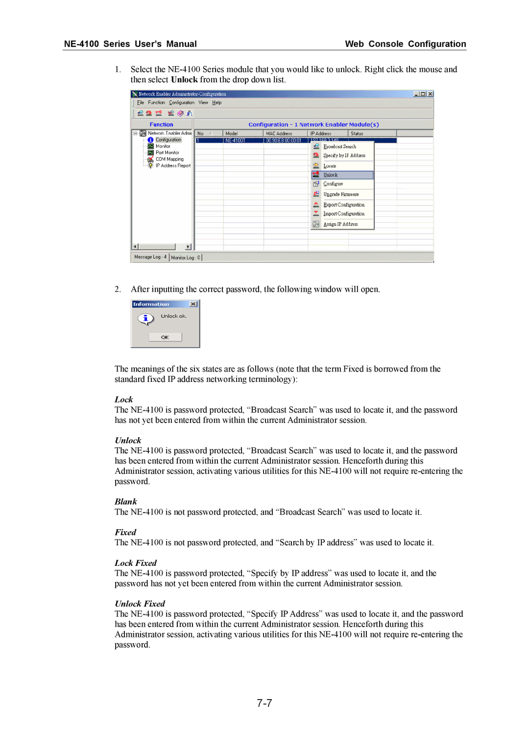 Moxa Technologies NE-4100 user manual Blank, Lock Fixed, Unlock Fixed 