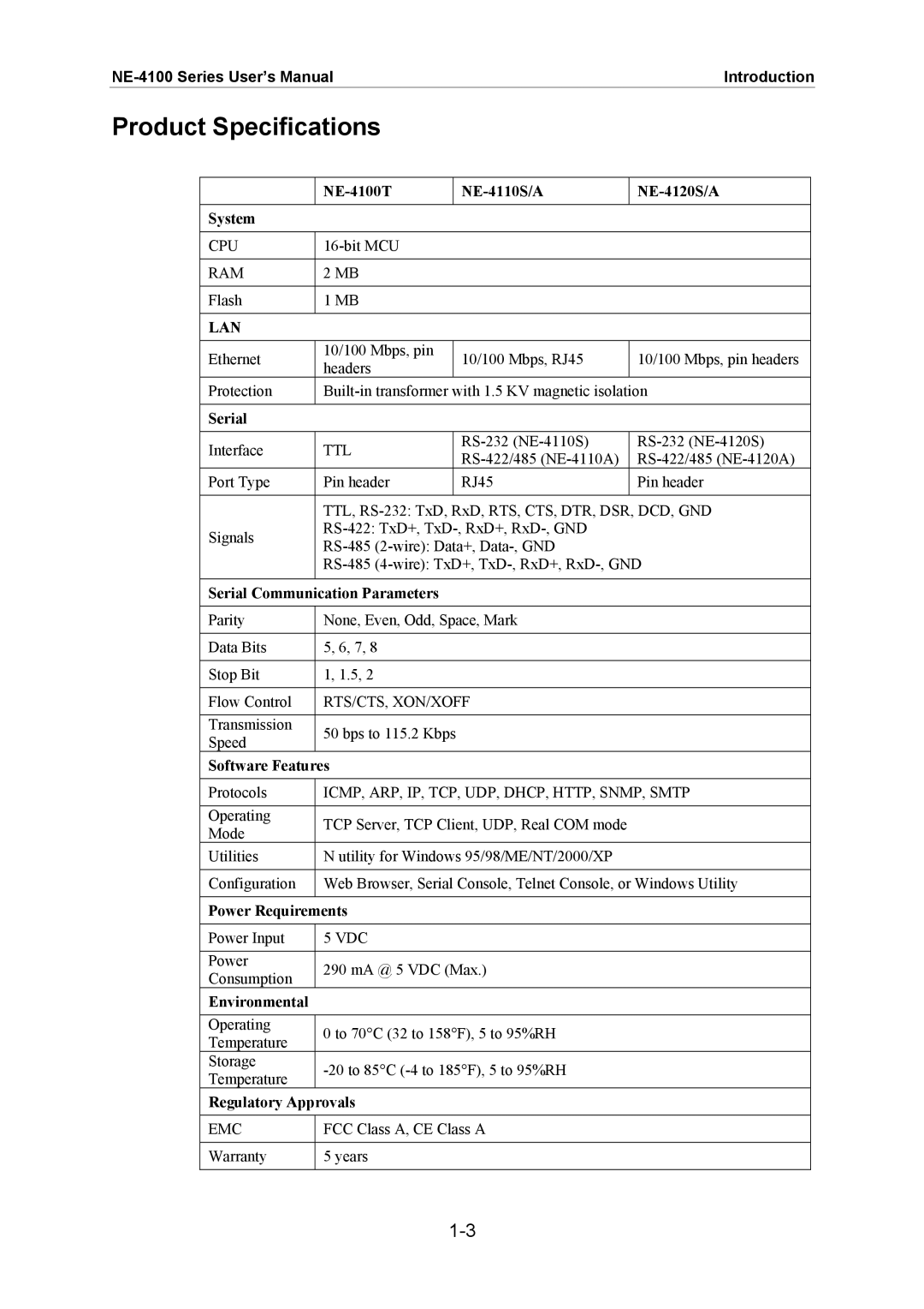 Moxa Technologies NE-4100 user manual Product Specifications 