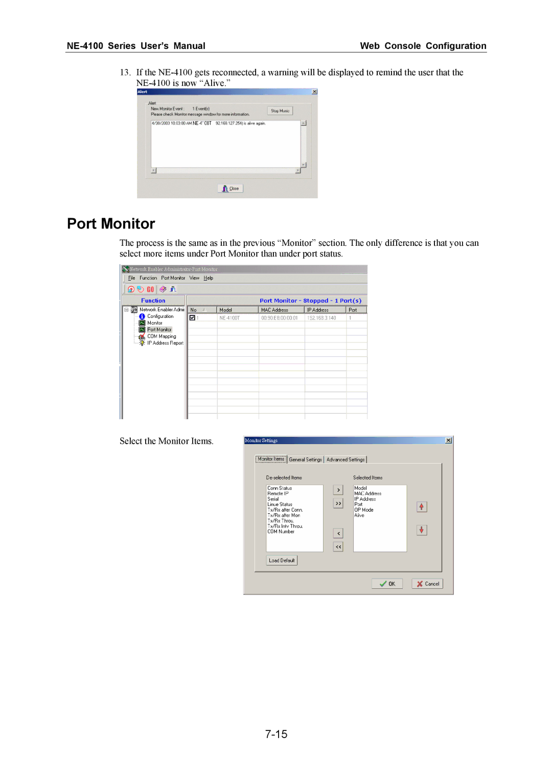 Moxa Technologies NE-4100 user manual Port Monitor 