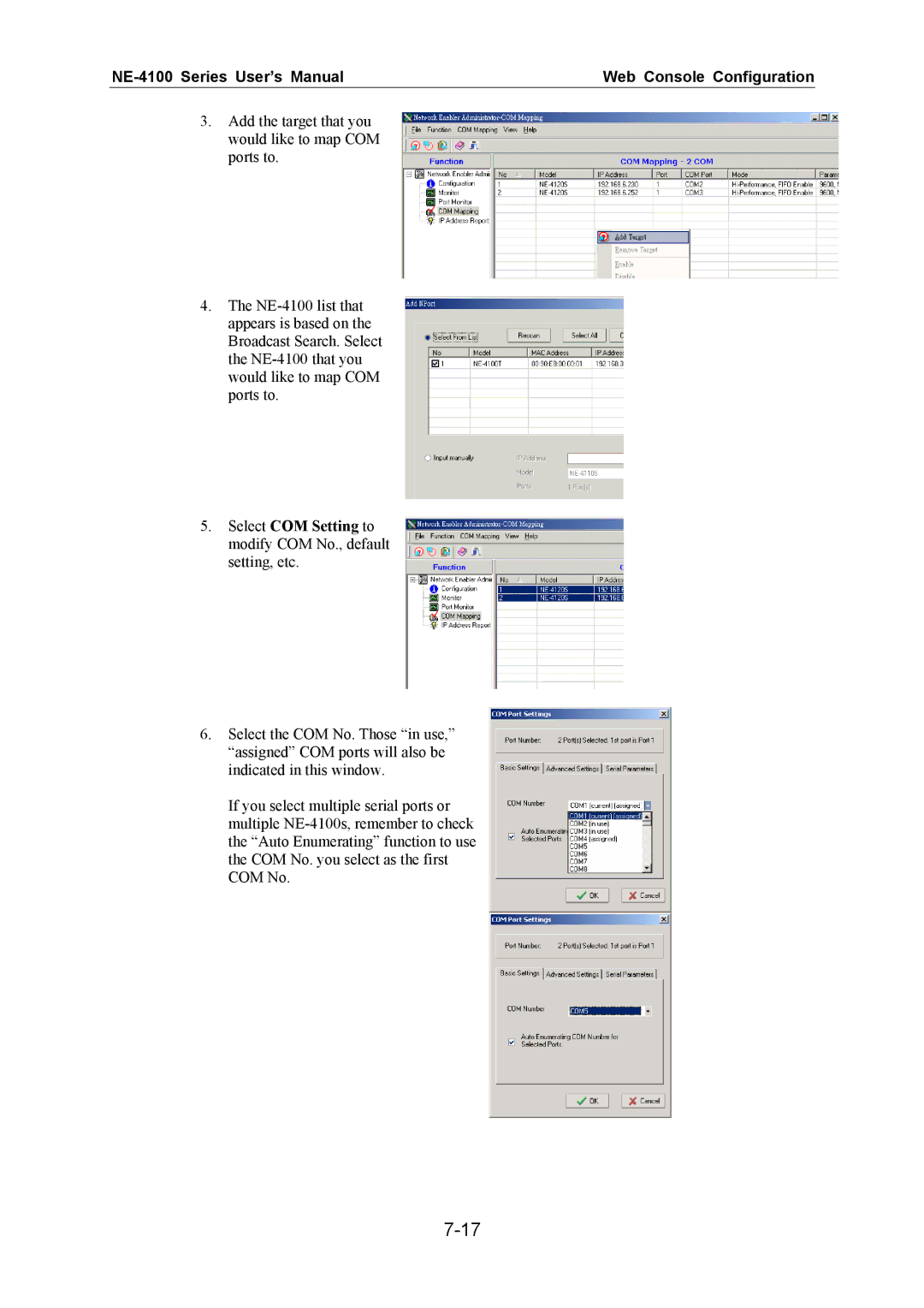 Moxa Technologies NE-4100 user manual Select COM Setting to modify COM No., default setting, etc 