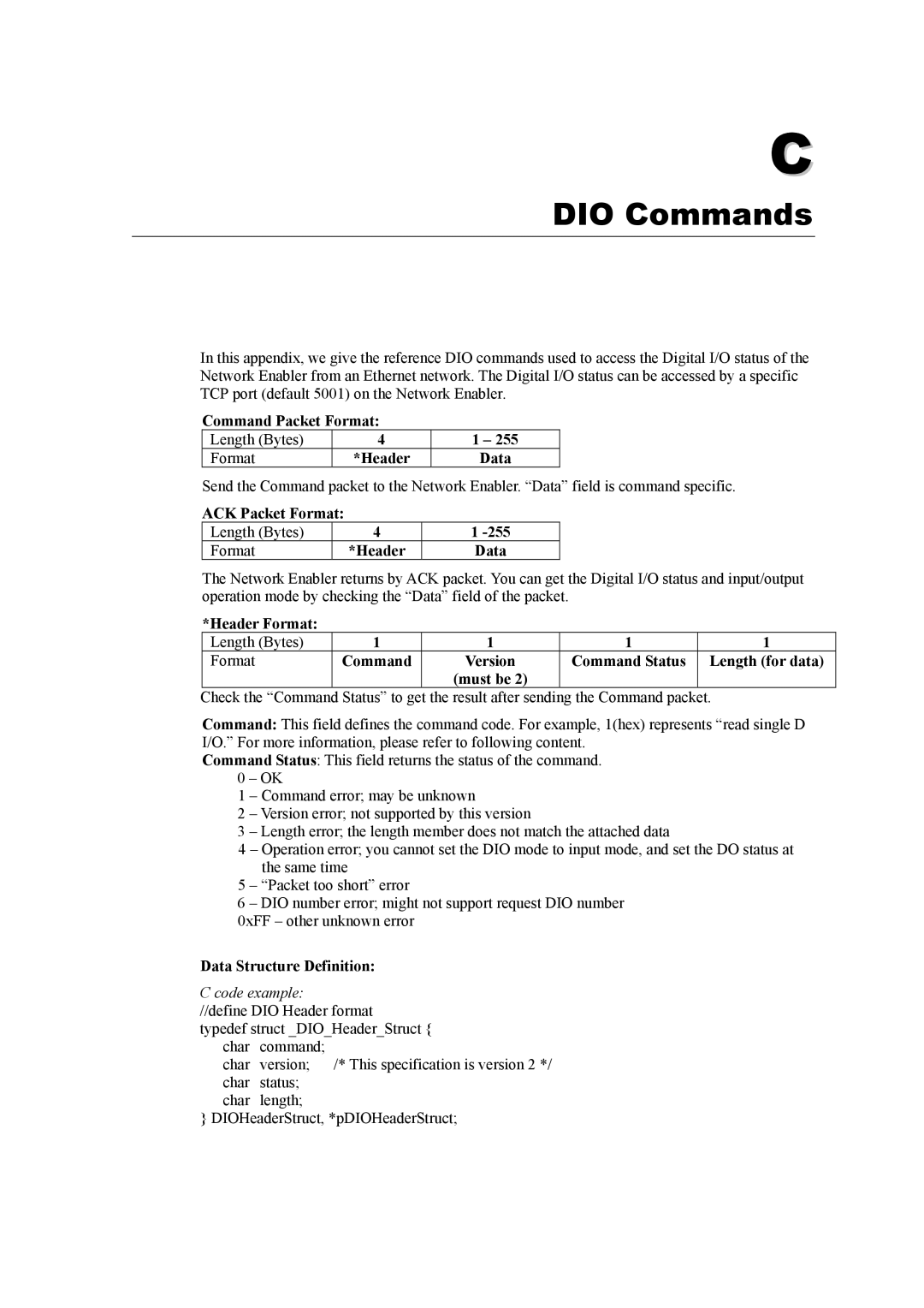 Moxa Technologies NE-4100 DIO Commands, Command Packet Format Length Bytes Header Data, Data Structure Definition 