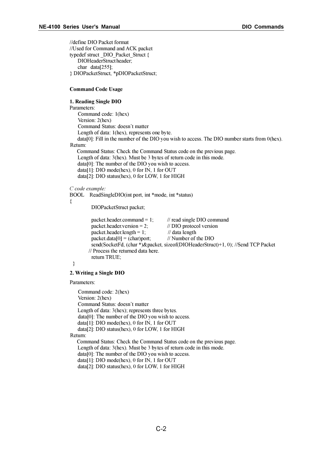 Moxa Technologies NE-4100 user manual Command Code Usage Reading Single DIO Parameters, Writing a Single DIO Parameters 