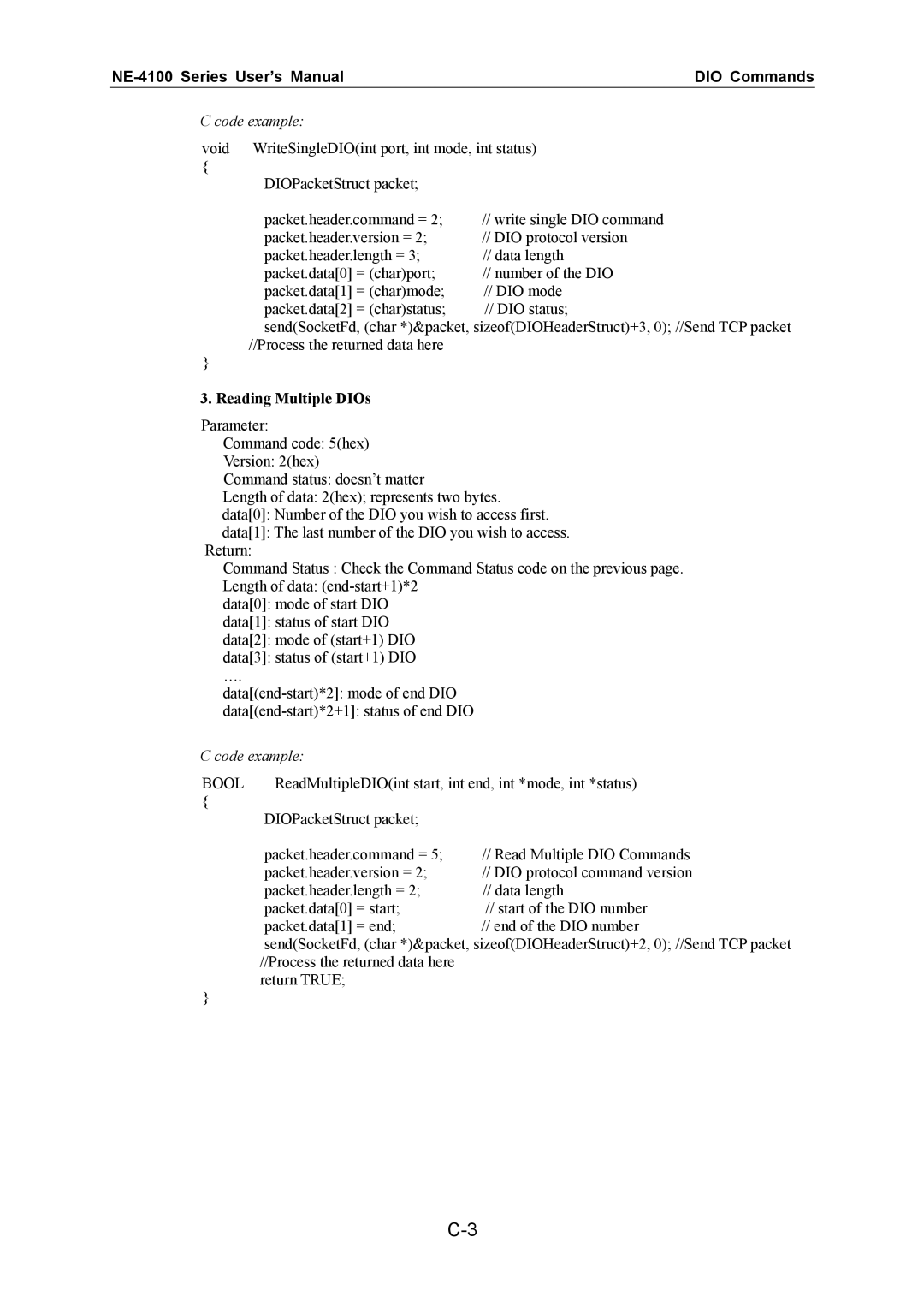 Moxa Technologies user manual NE-4100 Series User’s ManualDIO Commands, Reading Multiple DIOs 