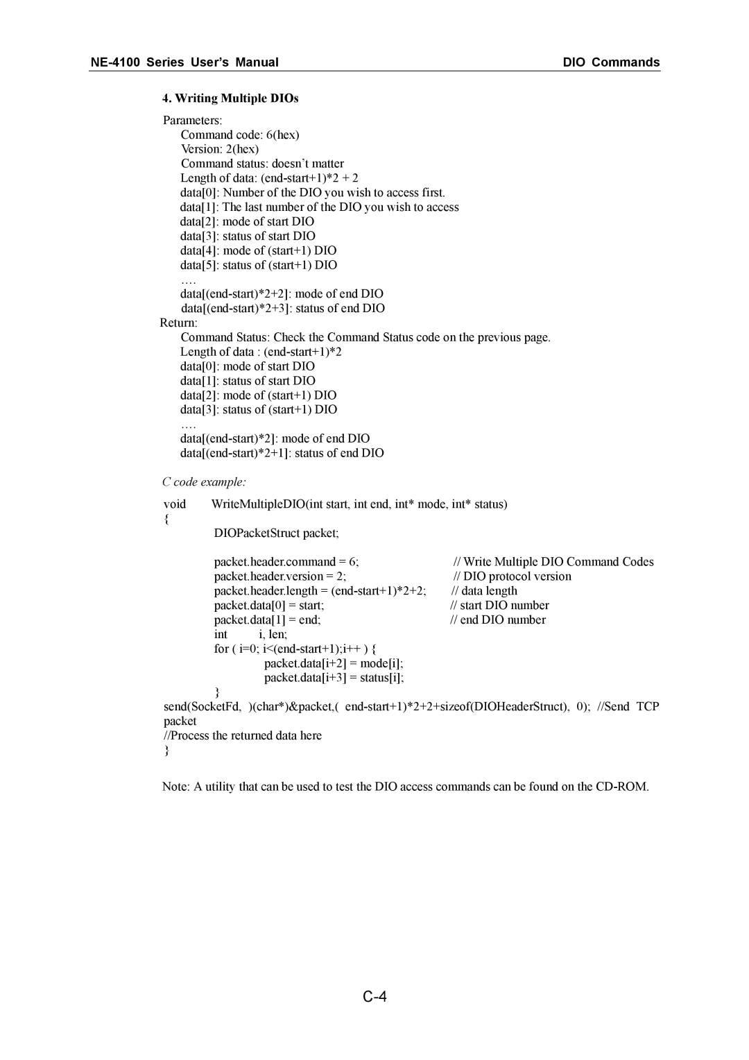 Moxa Technologies NE-4100 user manual Writing Multiple DIOs 