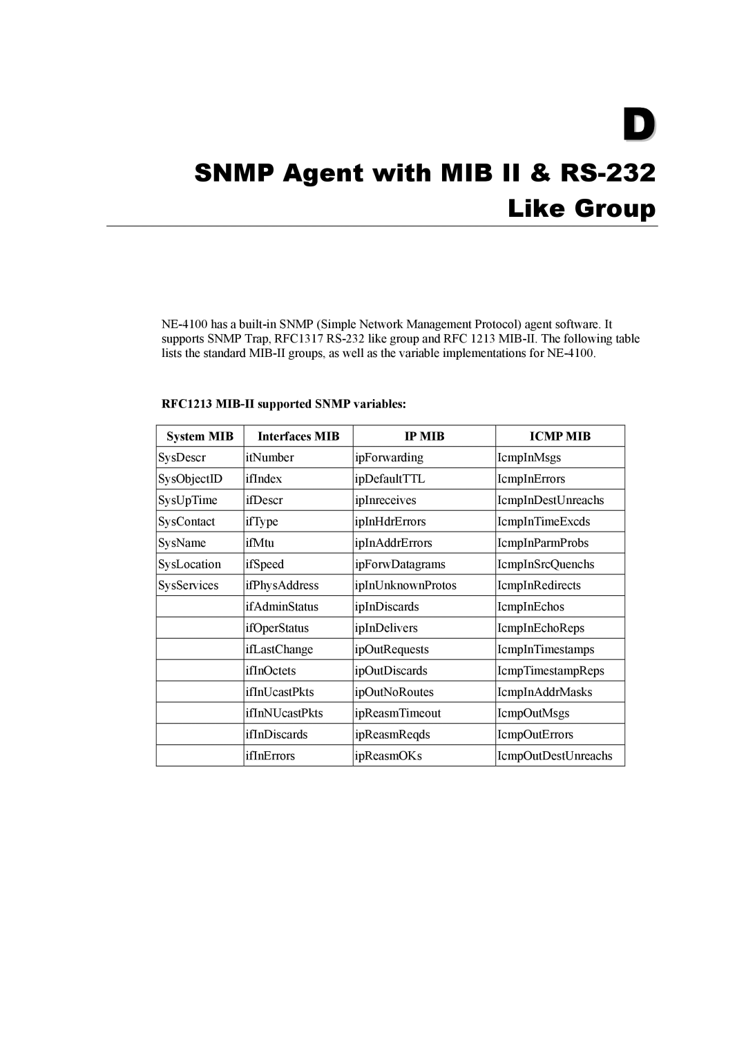 Moxa Technologies NE-4100 user manual Snmp Agent with MIB II & RS-232 Like Group 