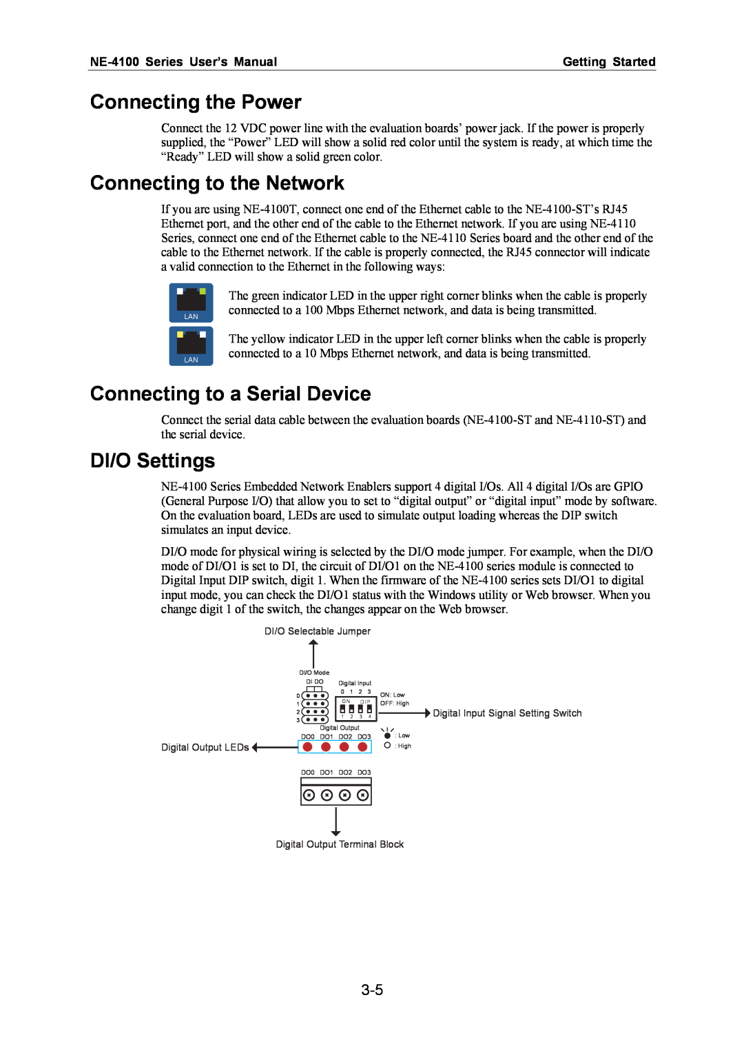 Moxa Technologies NE-4100 Connecting the Power, Connecting to the Network, Connecting to a Serial Device, DI/O Settings 