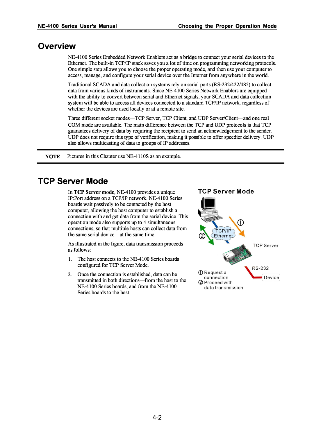 Moxa Technologies TCP Server Mode, Overview, NE-4100 Series User’s Manual, Choosing the Proper Operation Mode 