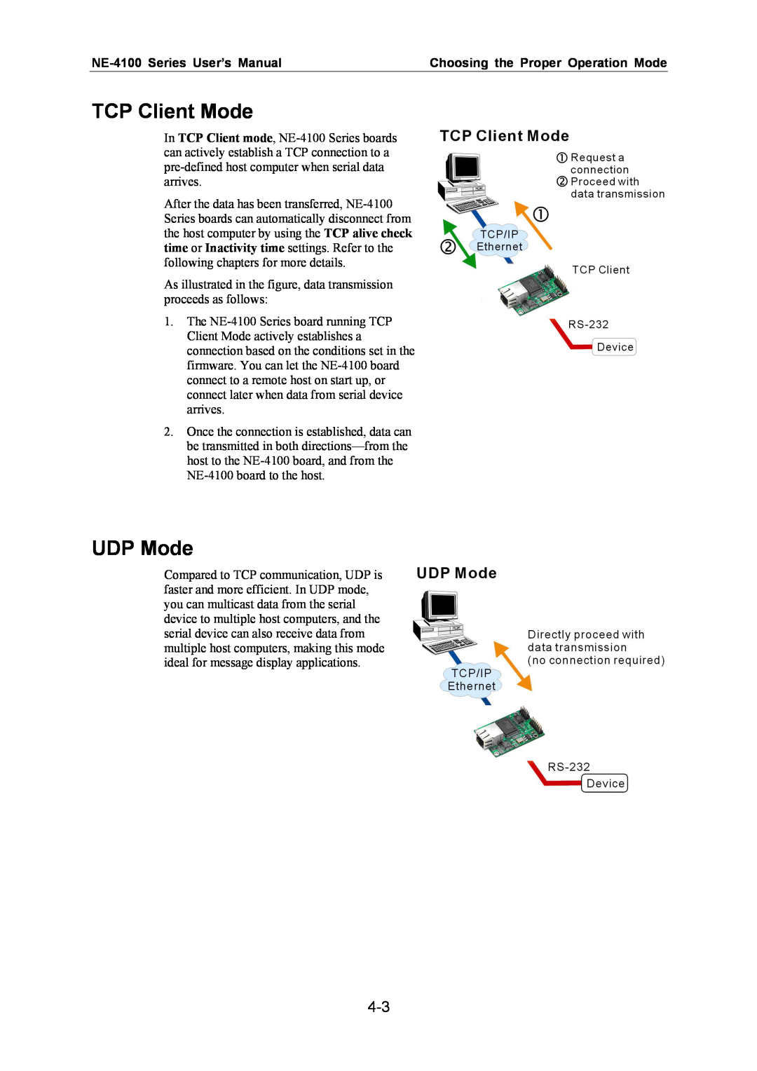 Moxa Technologies TCP Client Mode, UDP Mode, NE-4100 Series User’s Manual, Choosing the Proper Operation Mode 
