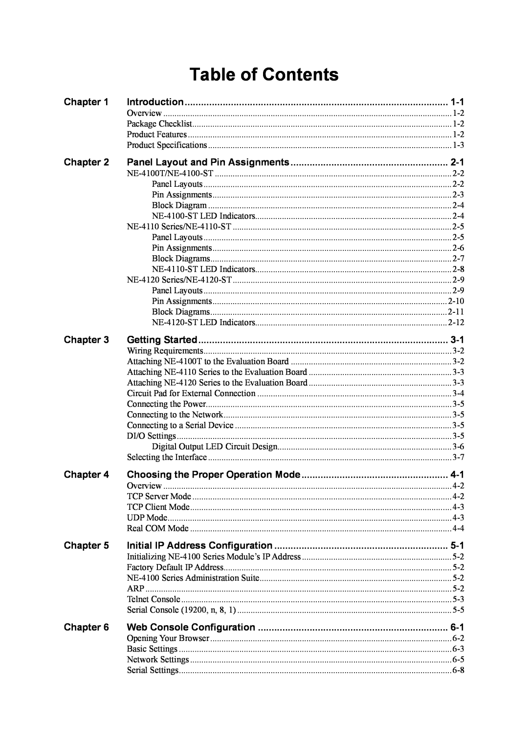 Moxa Technologies NE-4100 user manual Table of Contents 