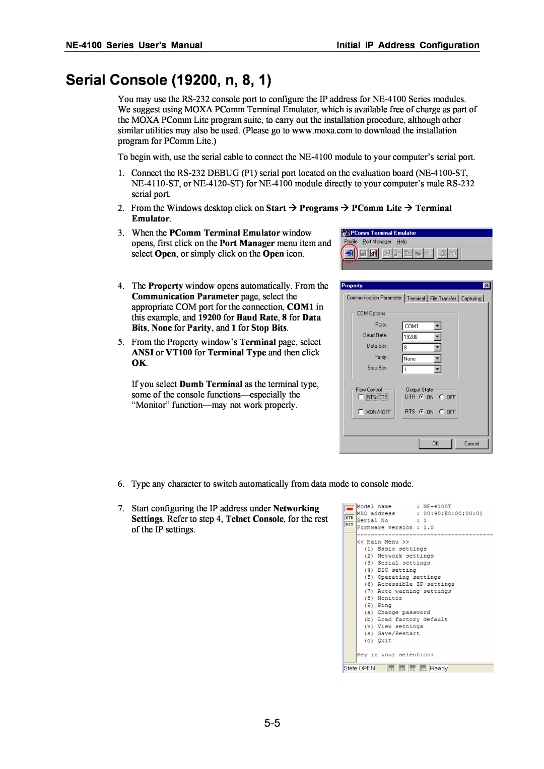 Moxa Technologies user manual Serial Console 19200, n, 8, NE-4100 Series User’s Manual, Initial IP Address Configuration 