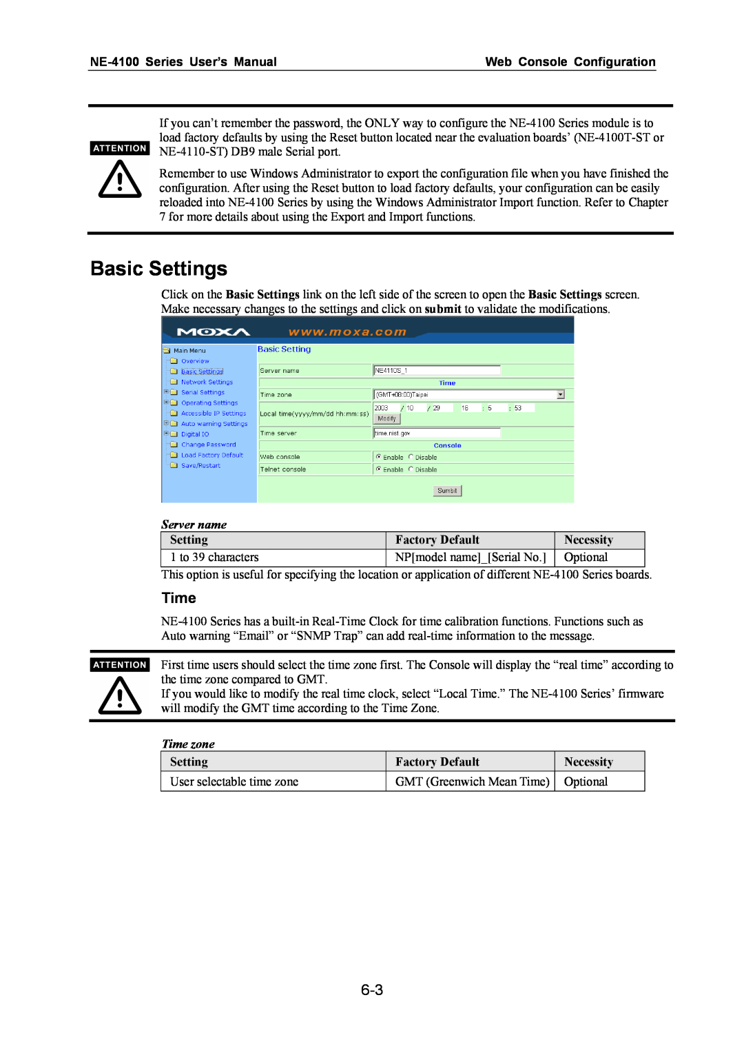 Moxa Technologies Basic Settings, NE-4100 Series User’s Manual, Web Console Configuration, Server name, Time zone 