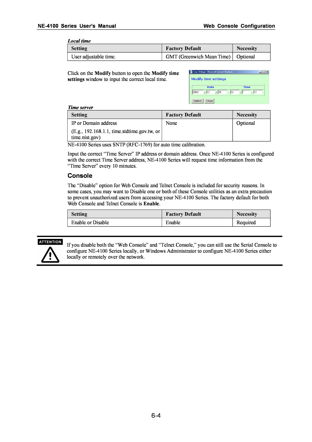 Moxa Technologies NE-4100 Series User’s Manual, Web Console Configuration, Local time, Setting, Factory Default 