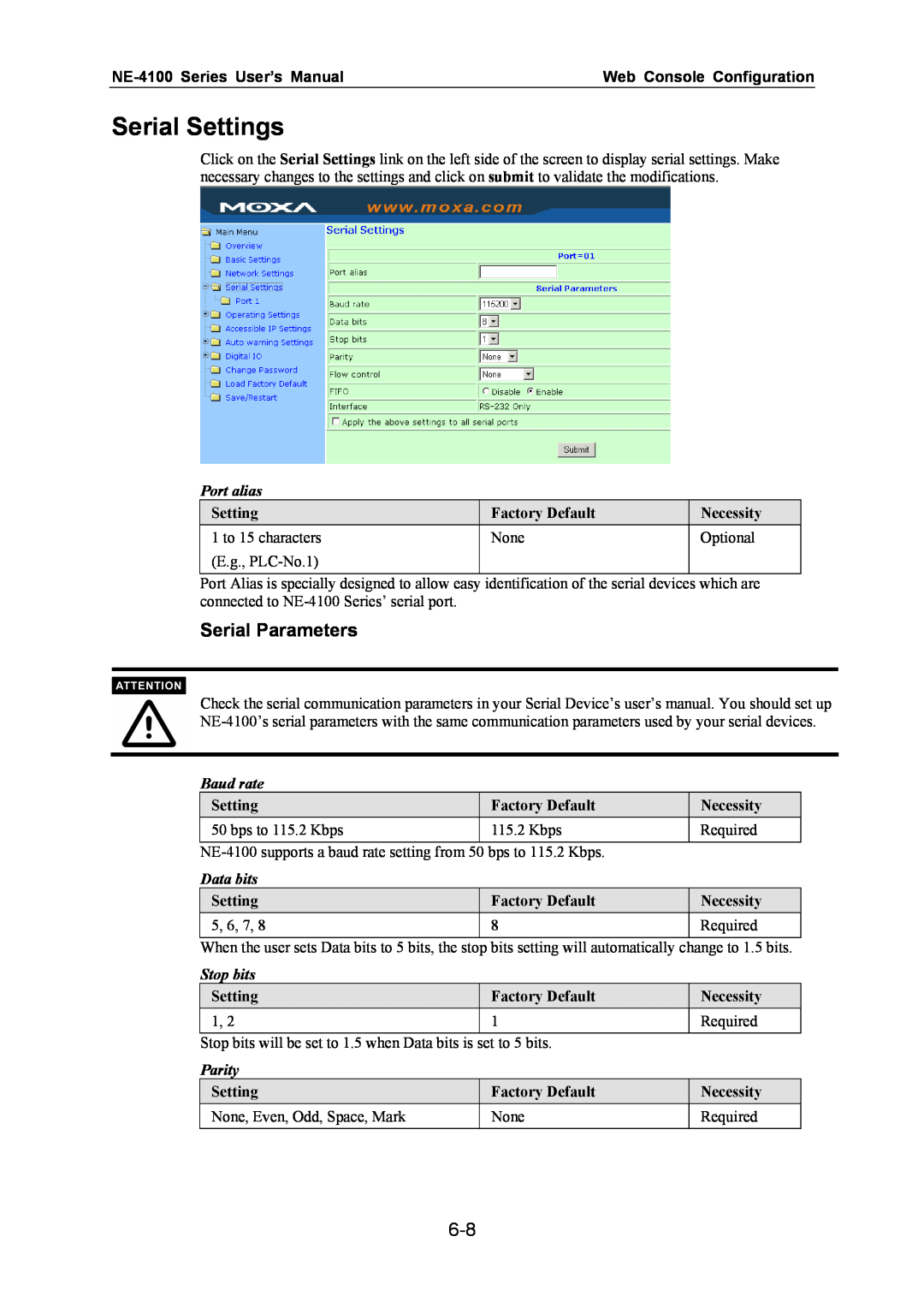 Moxa Technologies Serial Settings, Serial Parameters, NE-4100 Series User’s Manual, Web Console Configuration, Parity 